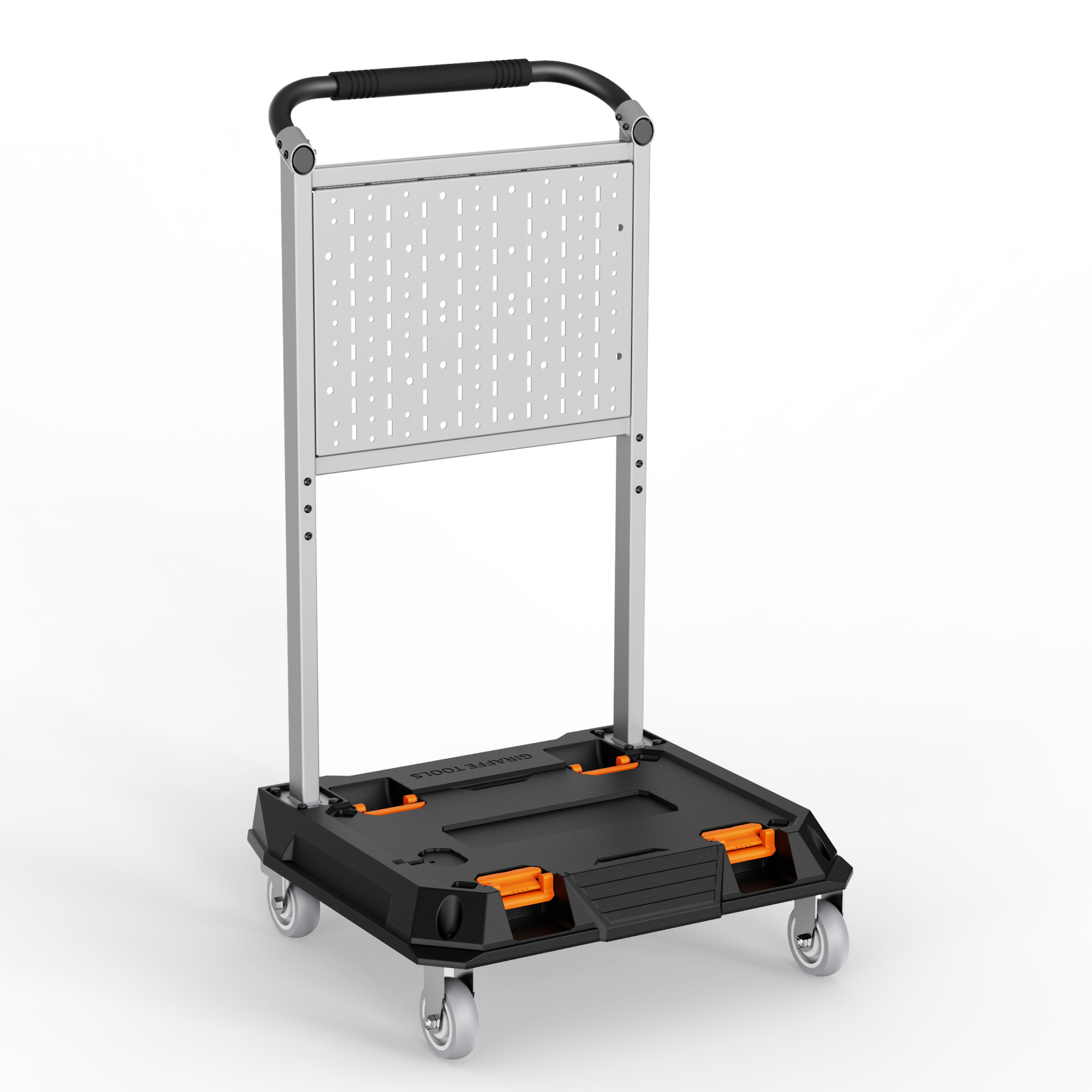 Giraffe Tools Heavy Duty Rolling Utility Cart Features: a heavy-duty frame, customizable pegboard, spacious storage platform, and four caster wheels.