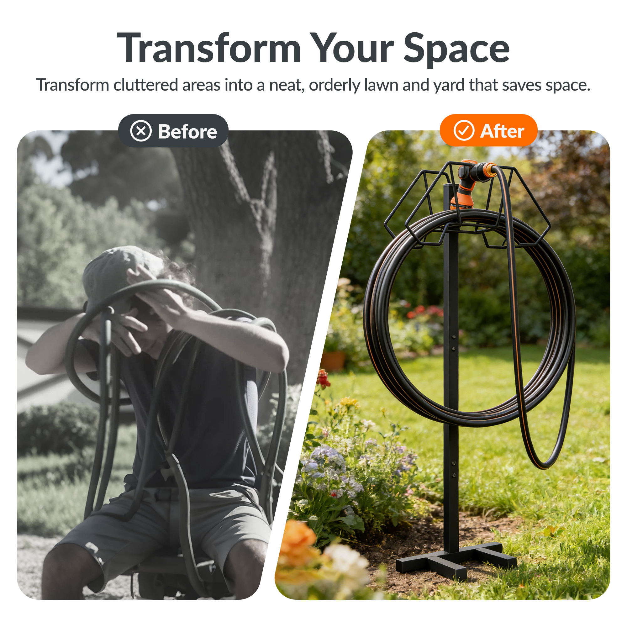 Giraffe Tools Garden Hose Holder Features before-and-after yard organization to transform hose clutter into neat outdoor storage.