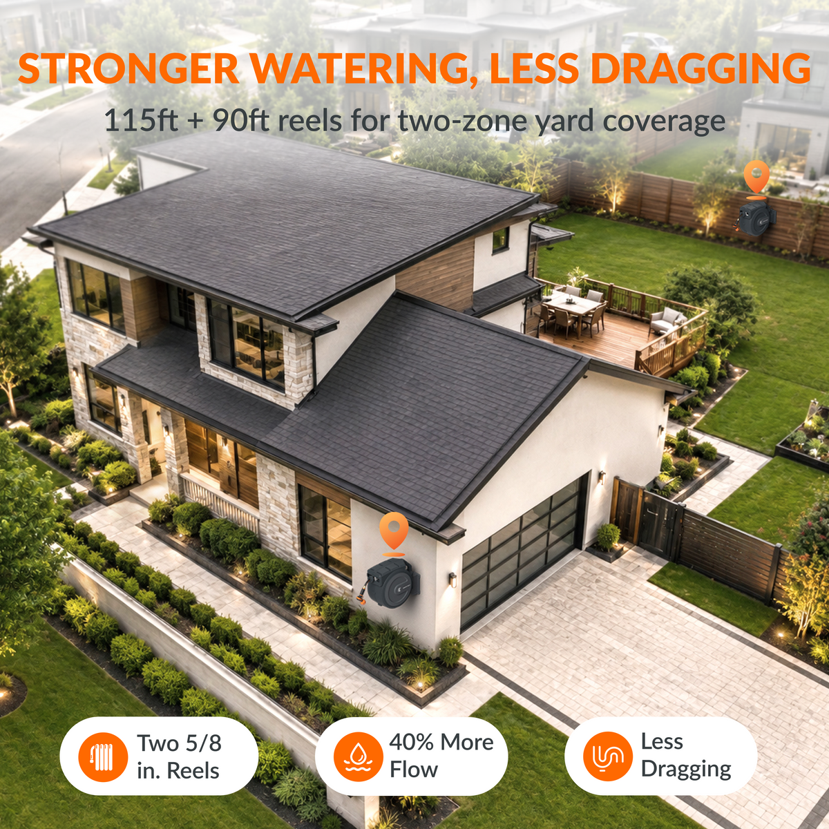 Modern house with a well-maintained garden and text about watering system features.