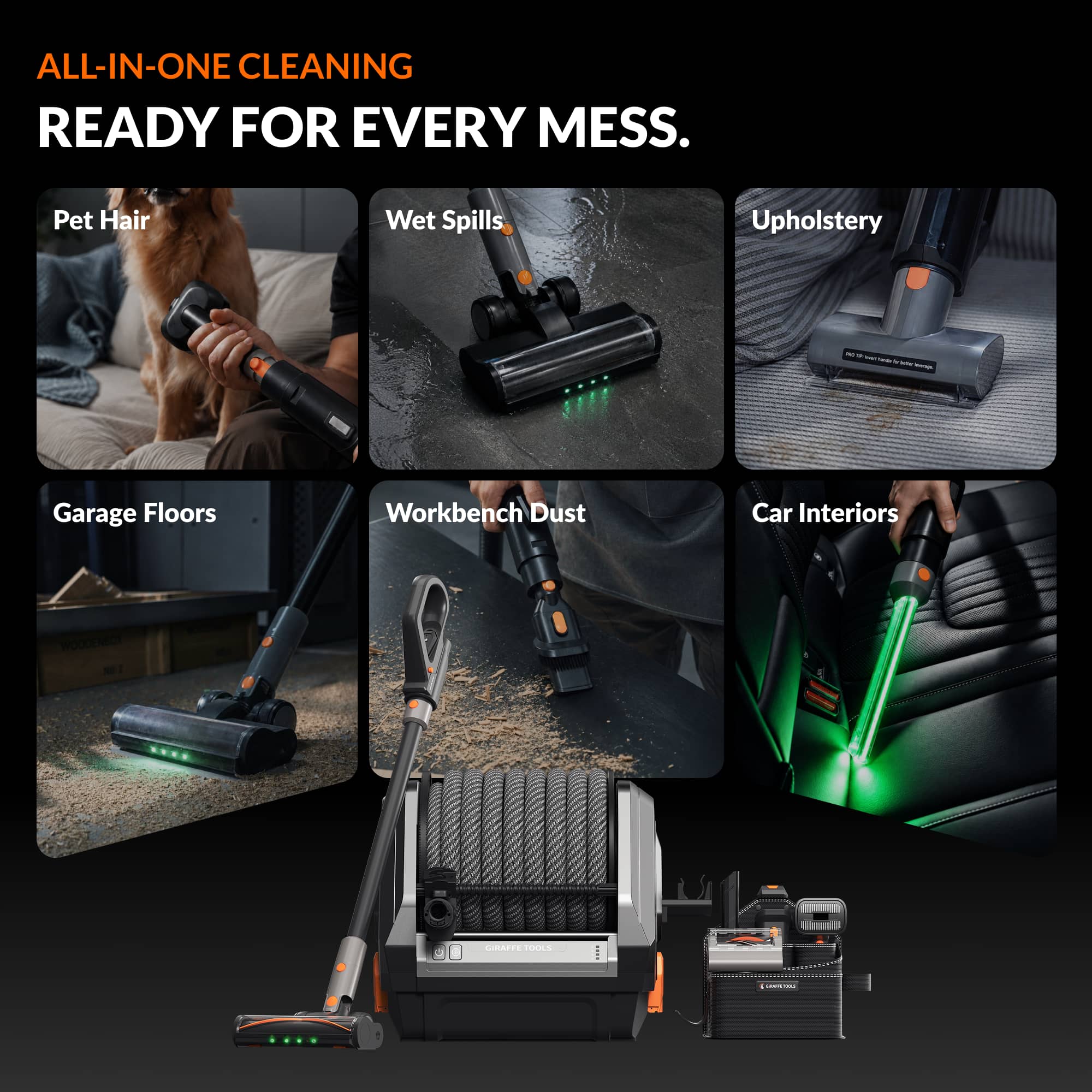 Giraffe Tools GrandFlux Retractable Vacuum Cleaner Features showing all-in-one cleaning