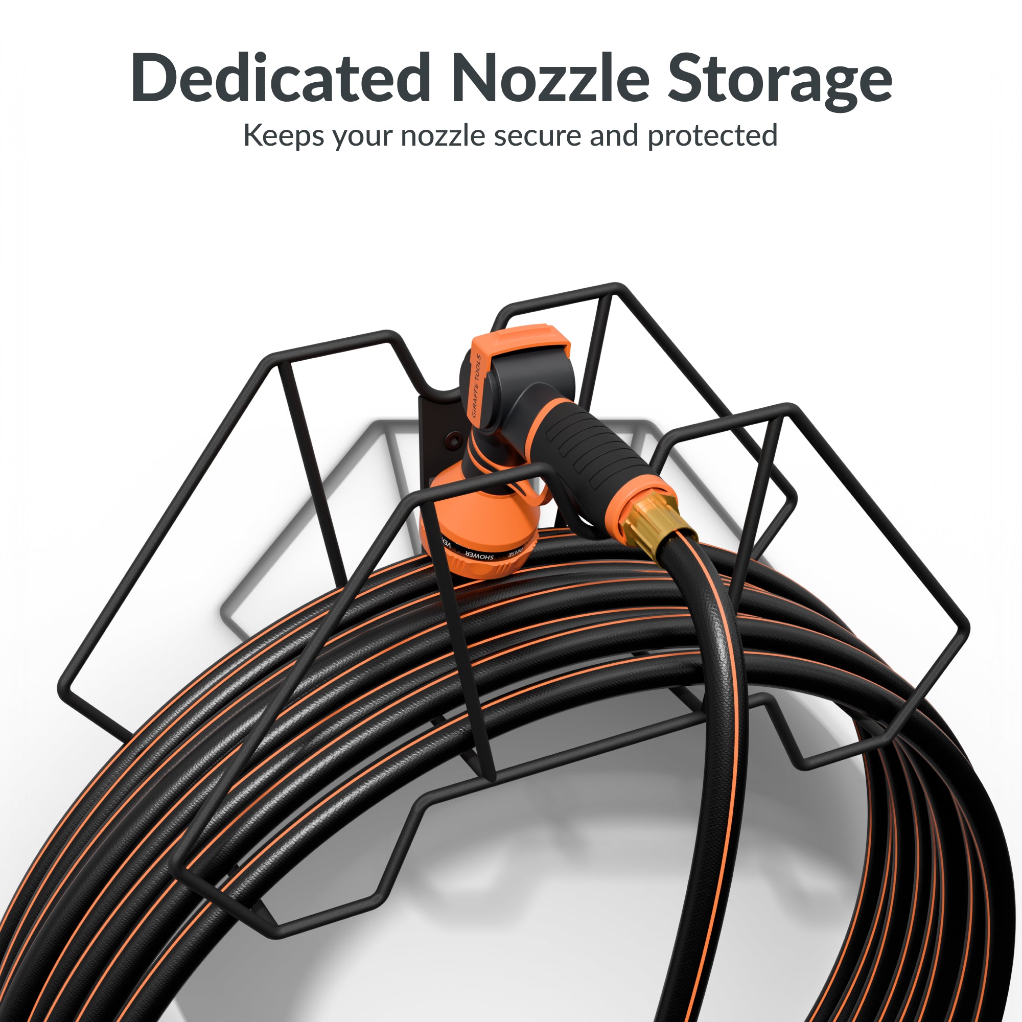 Giraffe Tools Garden Hose Holder Features dedicated nozzle storage that keeps the nozzle protected while the hose is neatly coiled.