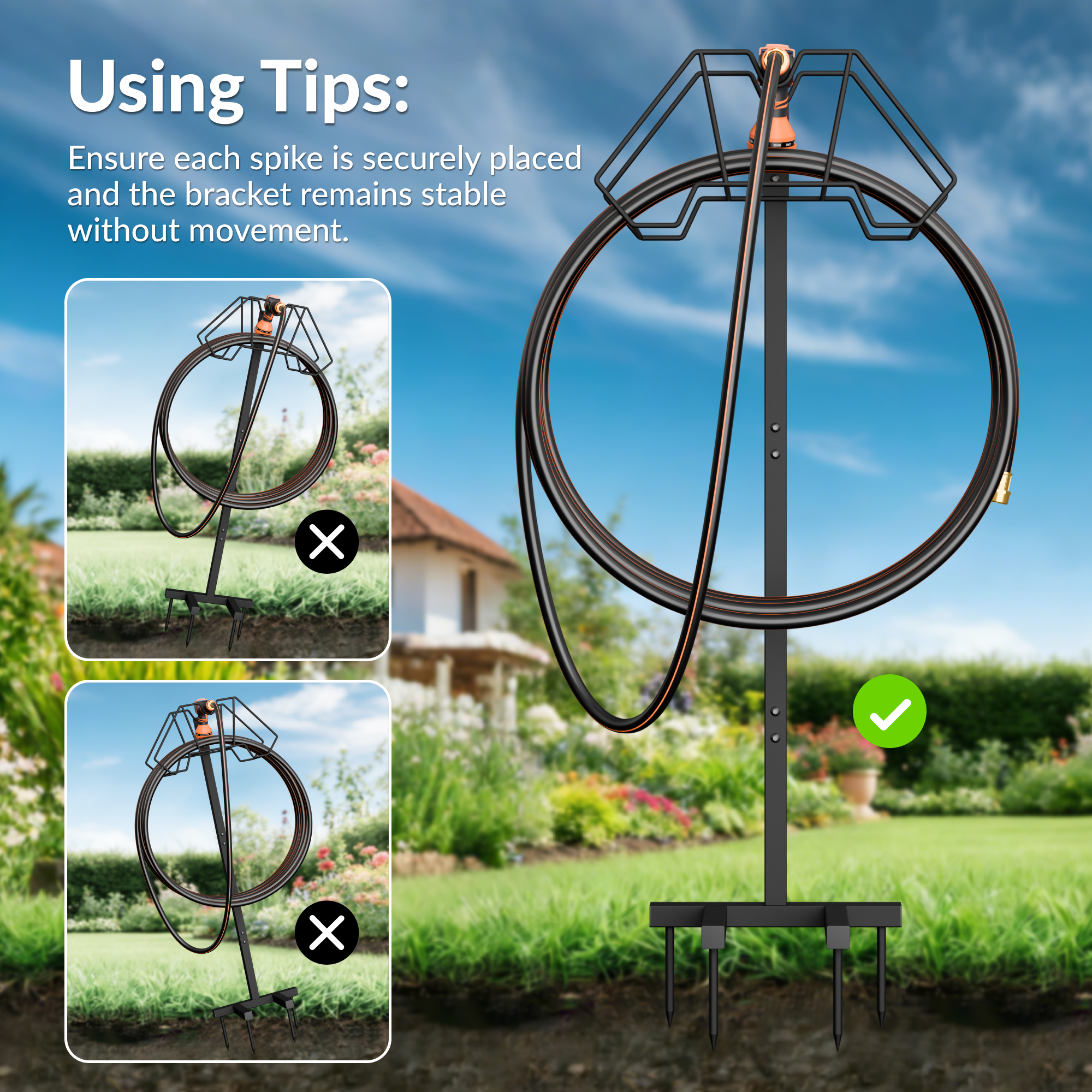 Giraffe Tools Garden Hose Holder Features secure ground spikes for stable placement and reliable outdoor hose storage.