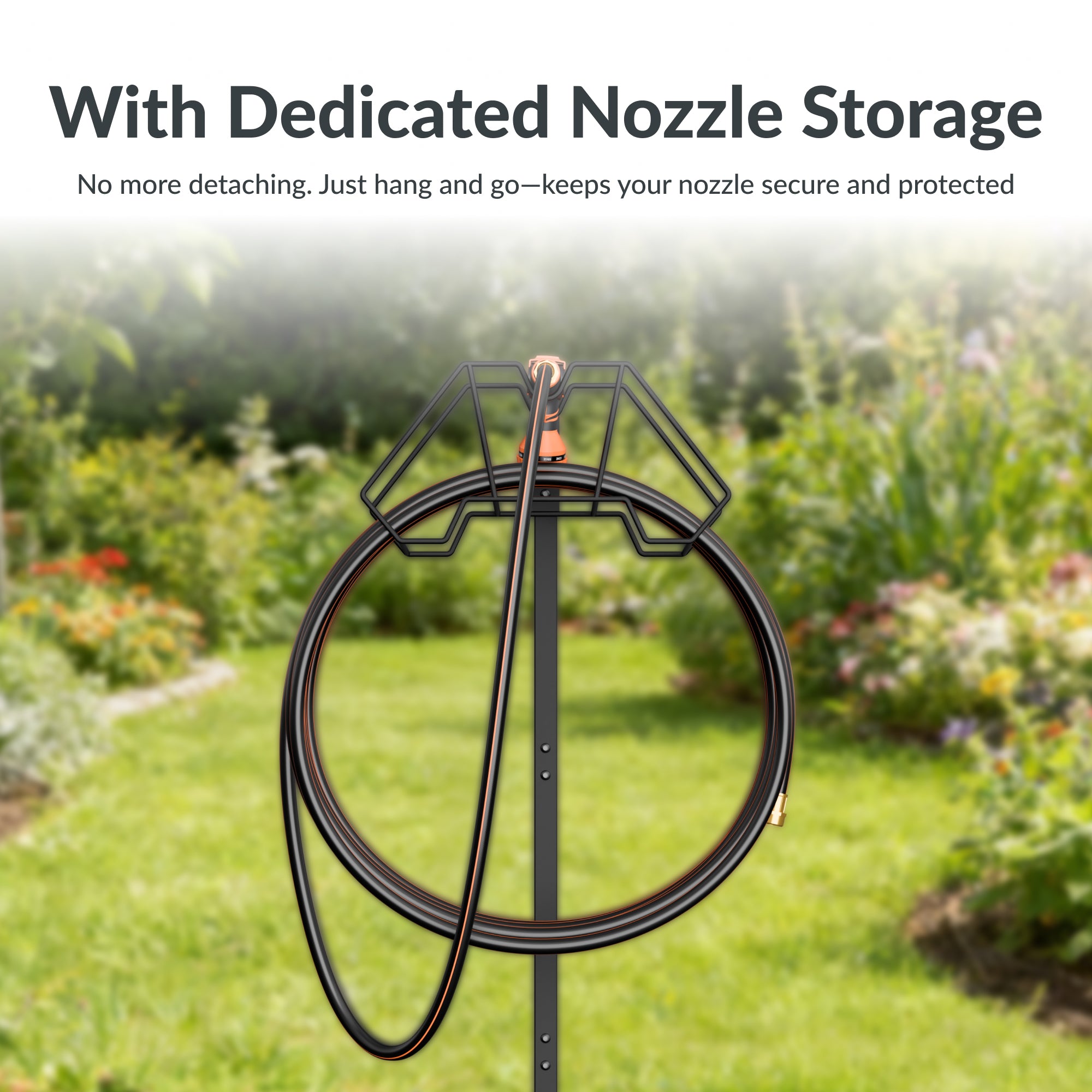 Giraffe Tools Garden Hose Holder Features dedicated nozzle storage to keep the hose nozzle secure and easy to access.