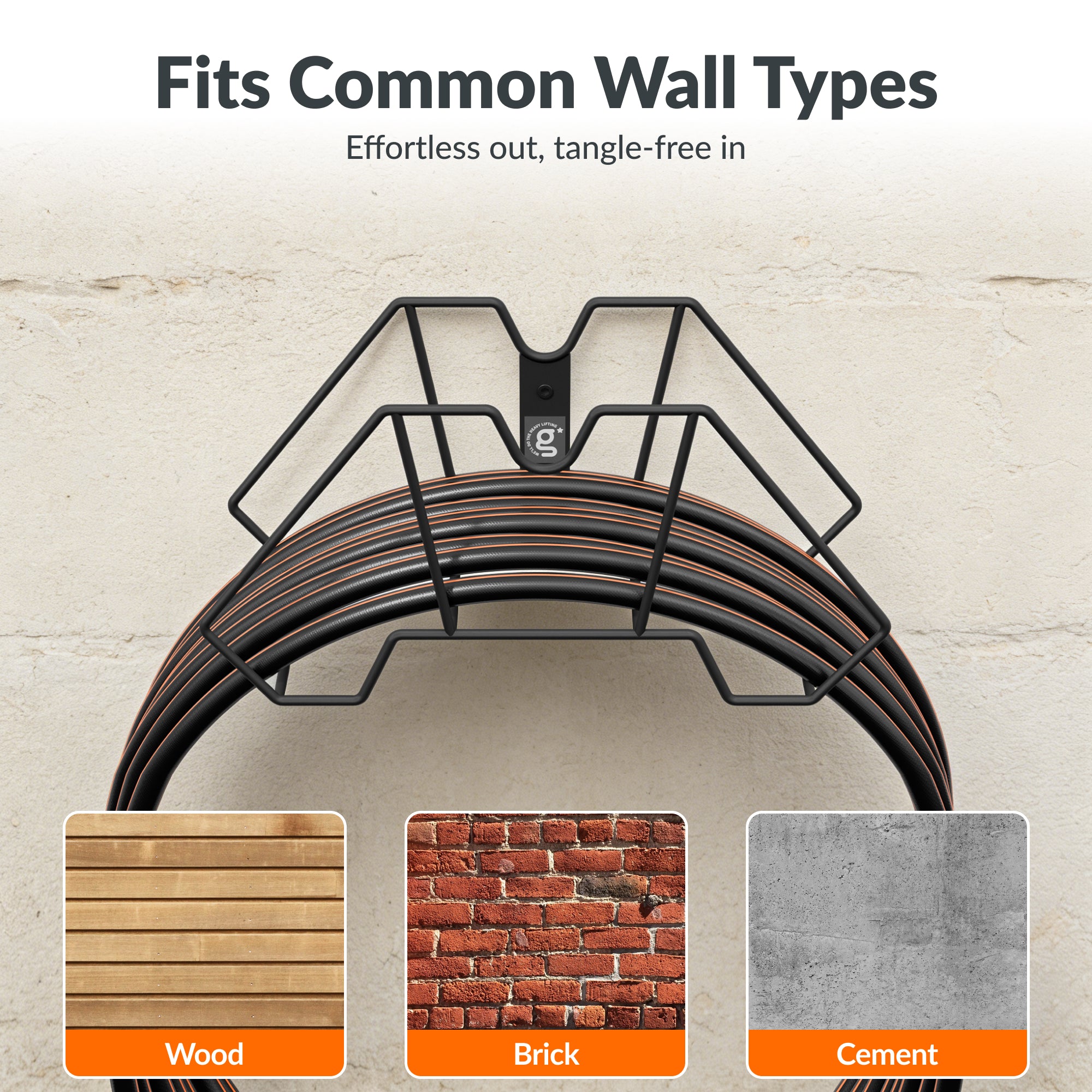 Giraffe Tools Garden Hose Holder Features wall-mounted hose storage that fits common wall types including wood, brick, and cement.