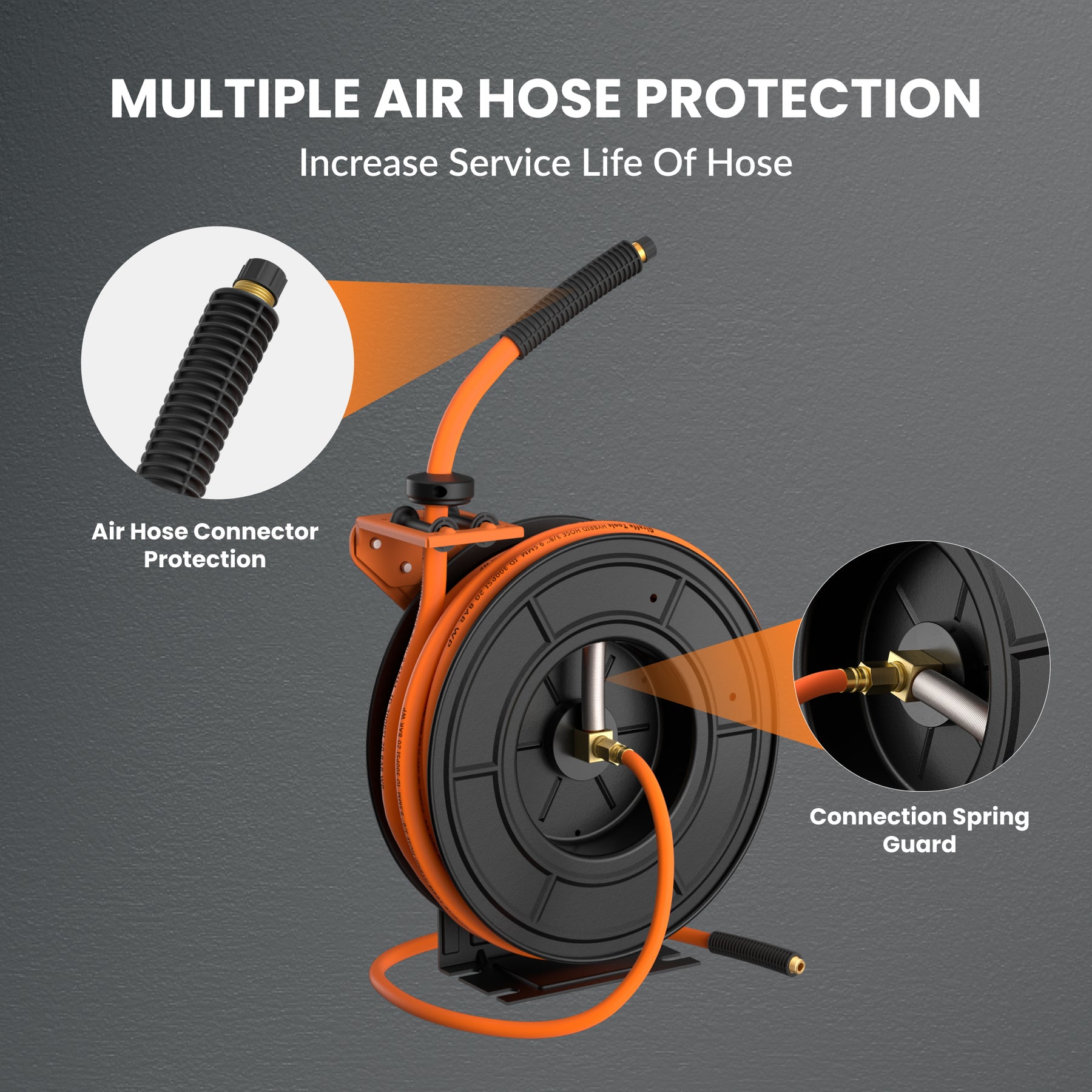Giraffe Tools Retractable Air Hose Reel 10m 1/4 Connection Wall Mounted,  Auto Rewind Air Compressor Hose with 1/4'' x 1m Hybrid Air Line Lead-in Hose,  180° Pivot Bracket, 20 Bar Max 