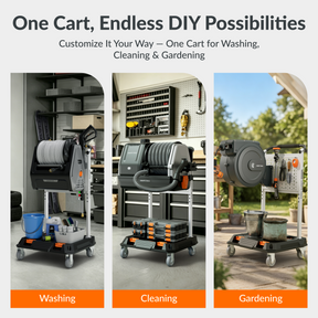 Giraffe Tools Heavy Duty Rolling Utility Cart Features: customizable setups for pressure washing, vacuum cleaning, and garden watering.