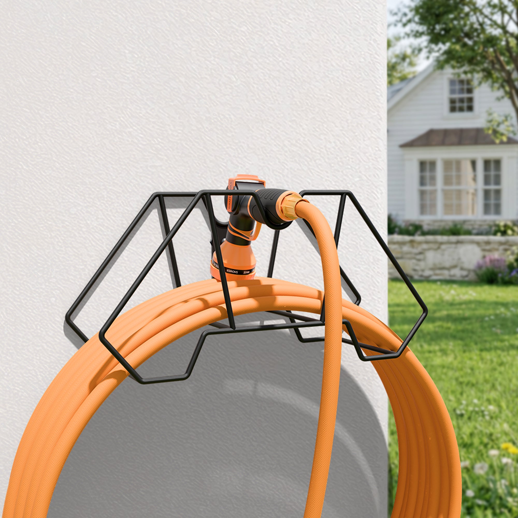Giraffe Tools Garden Hose Holder Features a secure top storage rack for keeping the garden hose and nozzle neatly organized.
