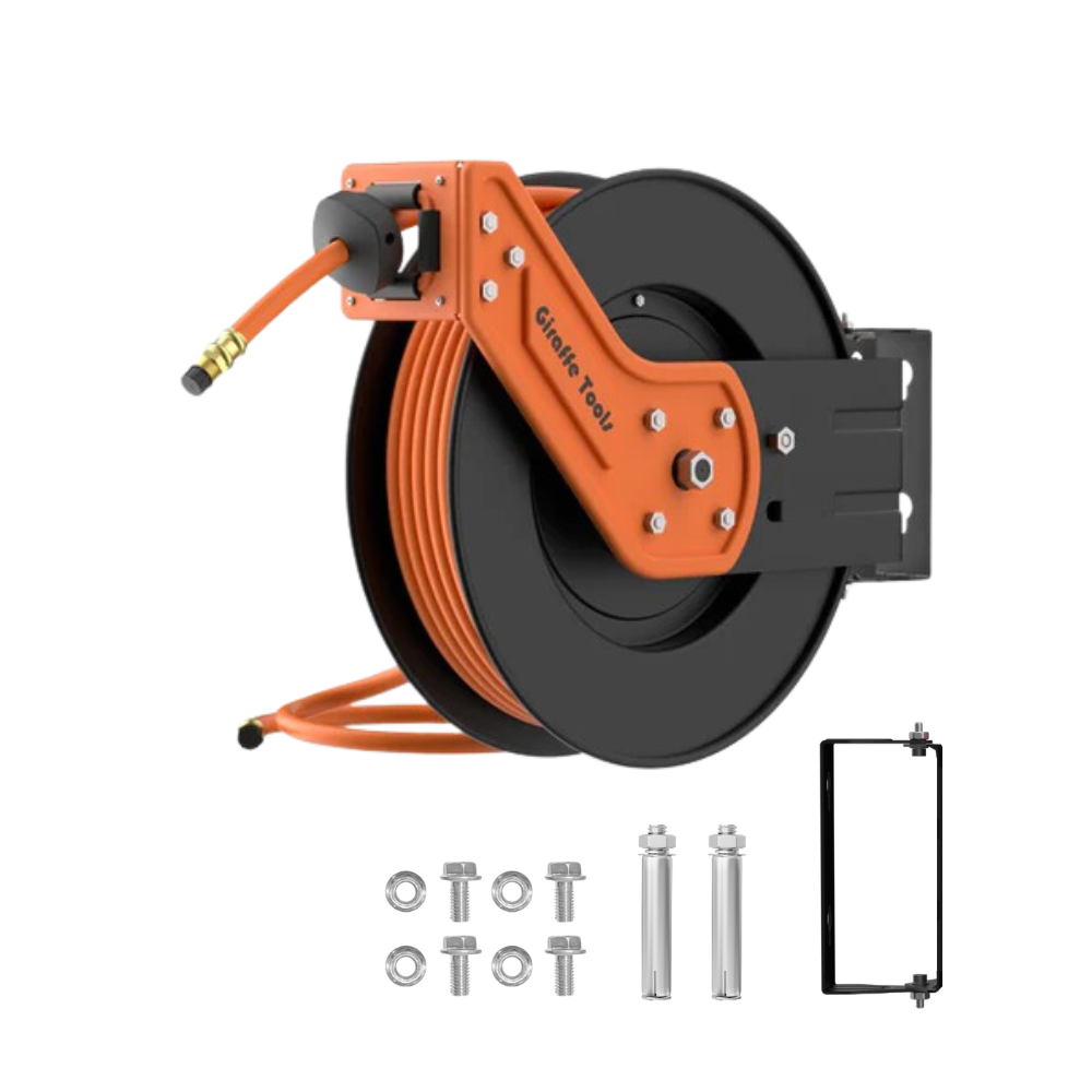AIRZILLA Retractable Air Hose Reel 3/8 inch x 50 ft Flex Hybrid Air Hose, Air Compressor Hose Reel with 6 ft Lead in, Quick Connect, Mounted 180°