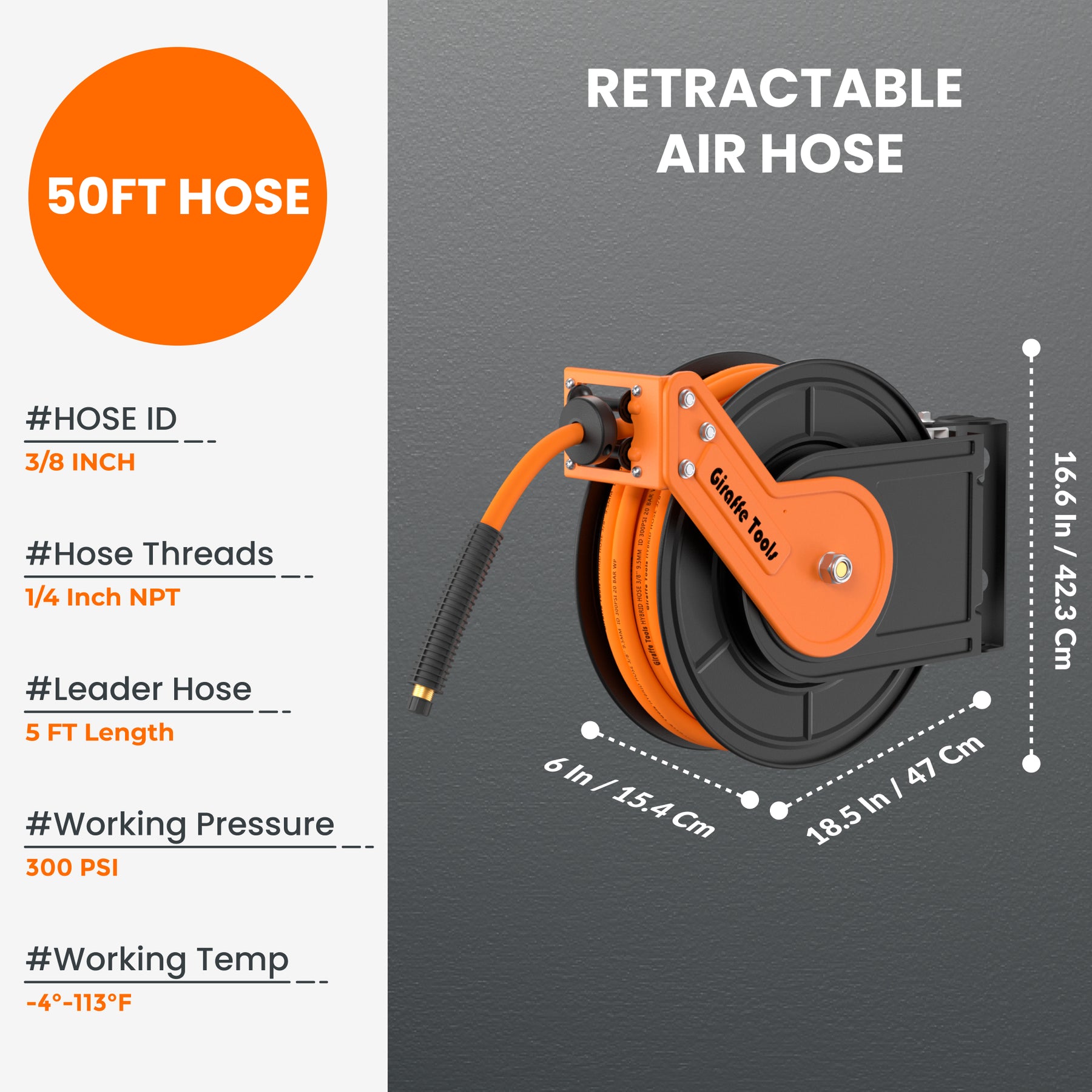 Giraffe 50ft Rubber Hose with Retractable Air Compressor Hose Reel Swivel  with 3/8 in. x 50 ft Hybrid Hose Ceiling/Wall Mounted Heavy Duty 