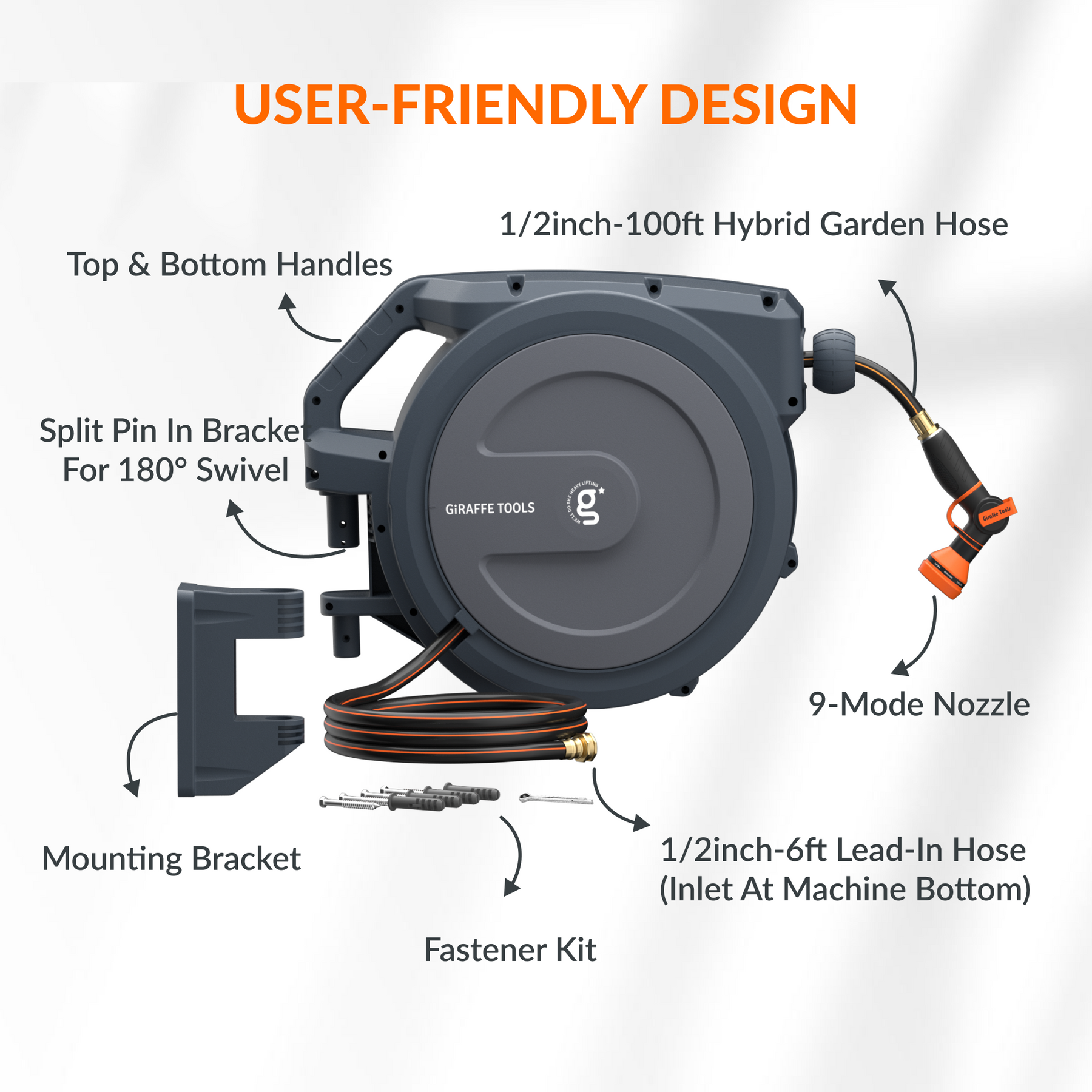 Giraffe Tools Retractable Hose Reel Wall Mounted, 30+2m Garden Hose Pipe,  180° Pivot with 7 in 1 Spray Nozzle and Lead Hose : : Garden
