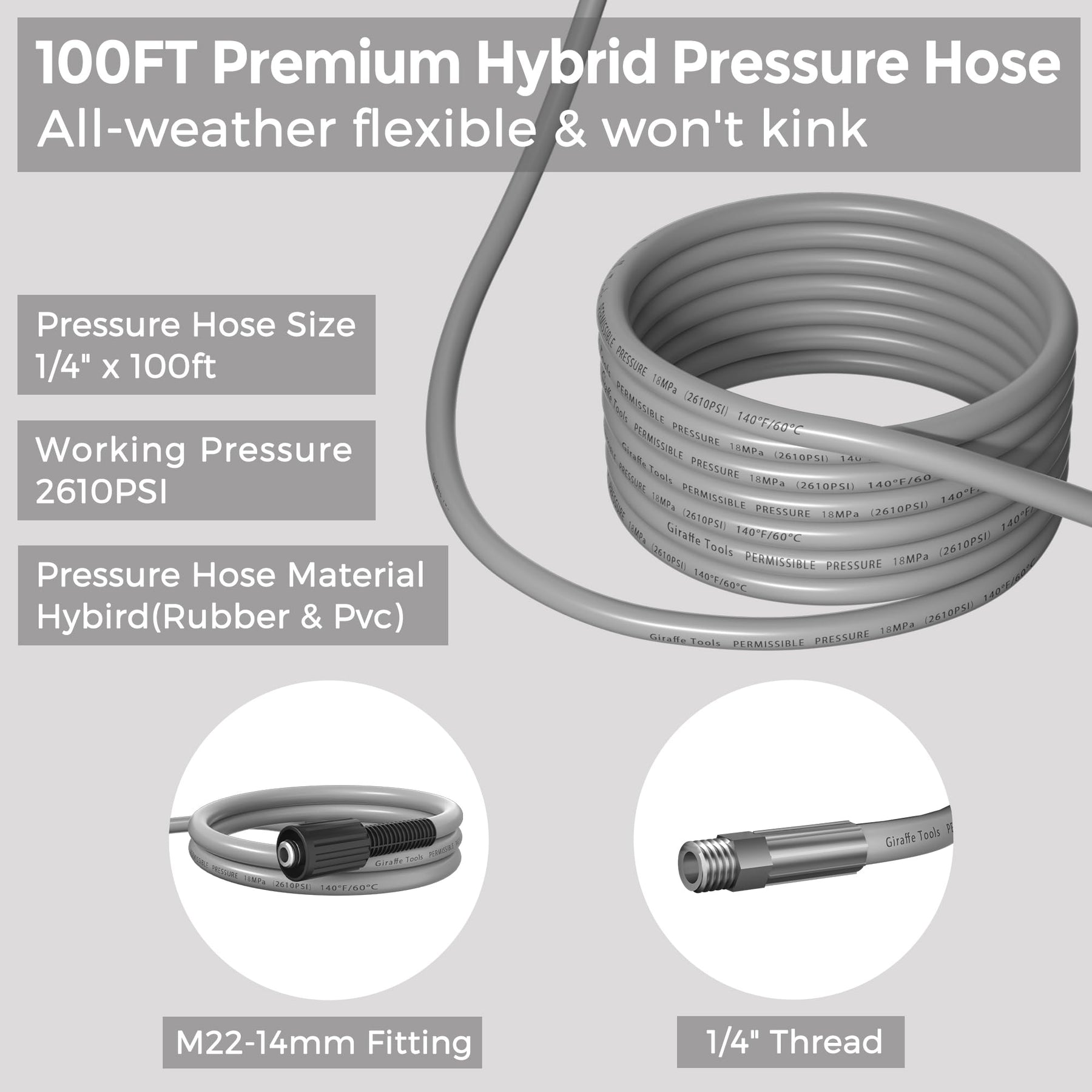 Pressure Washer Ultra-Soft Hose for Replacement - 100ft