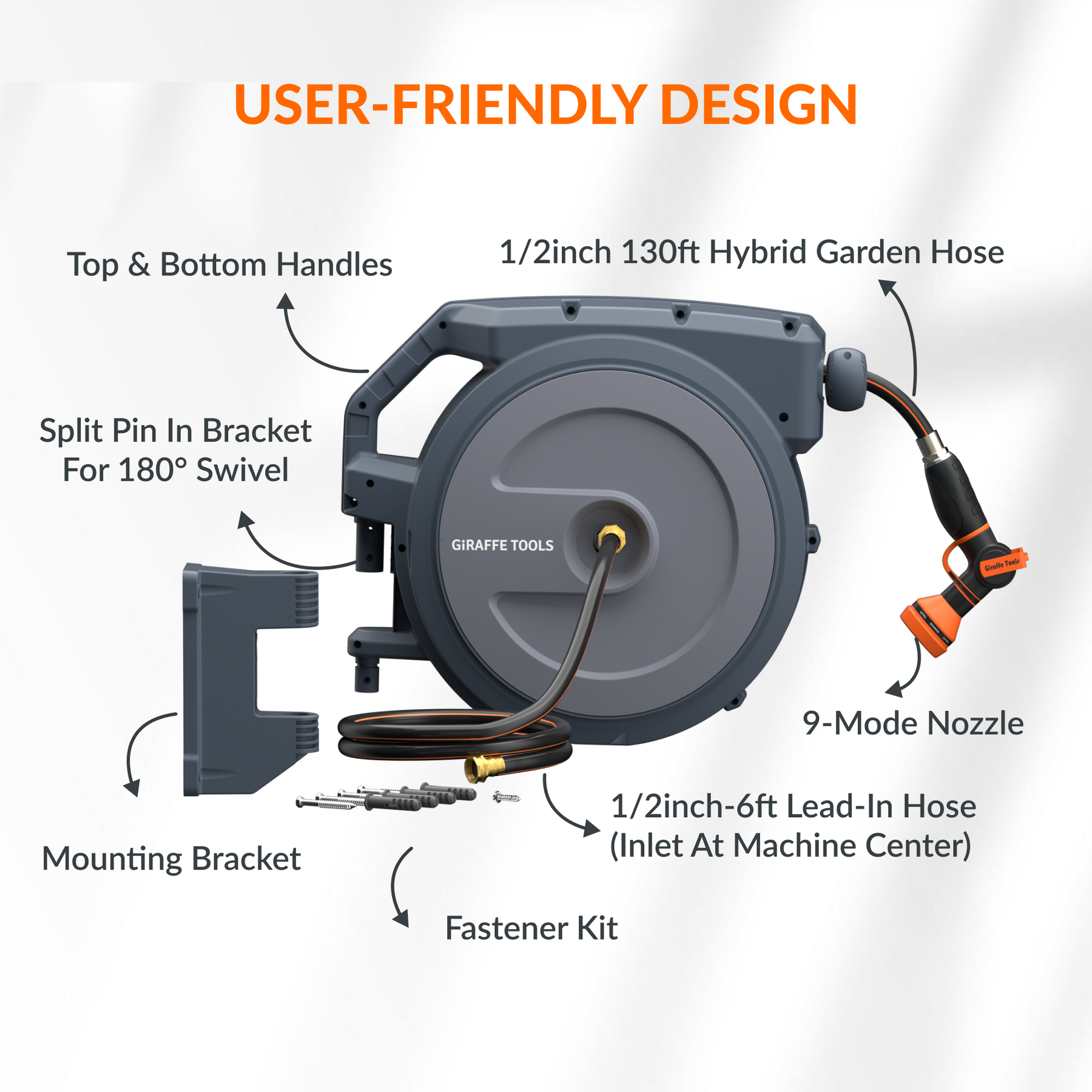  Ayleid Retractable Garden Hose Reel,1/2 in x 65 ft Wall Mounted  Hose Reel, with 9- Function Sprayer Nozzle, Any Length Lock/Slow Return  System/Wall Mounted/180°Swivel Bracket (Grey) : Patio, Lawn & Garden