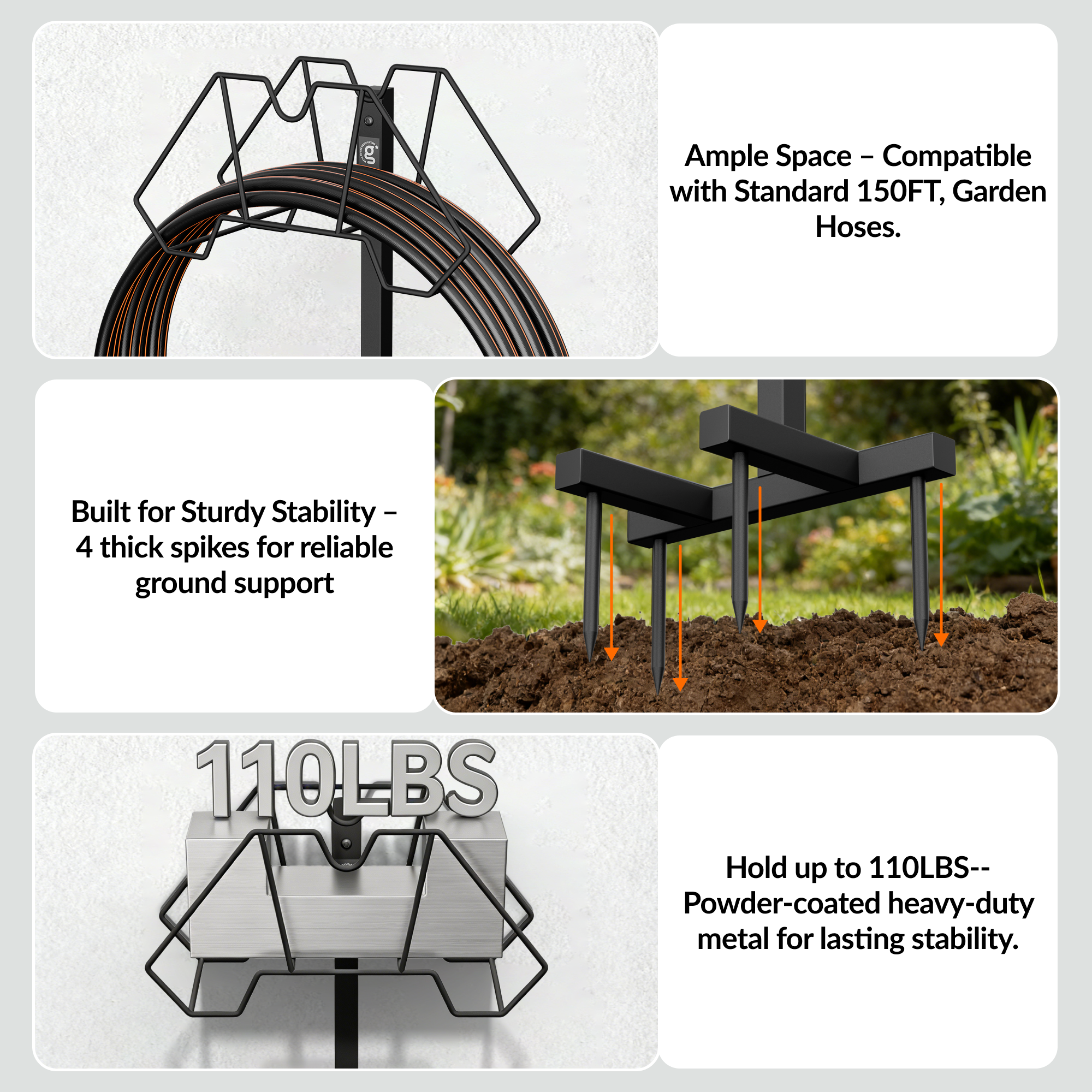 Giraffe Tools Garden Hose Holder Features ample hose storage, sturdy ground support, and heavy-duty metal construction for garden organization.