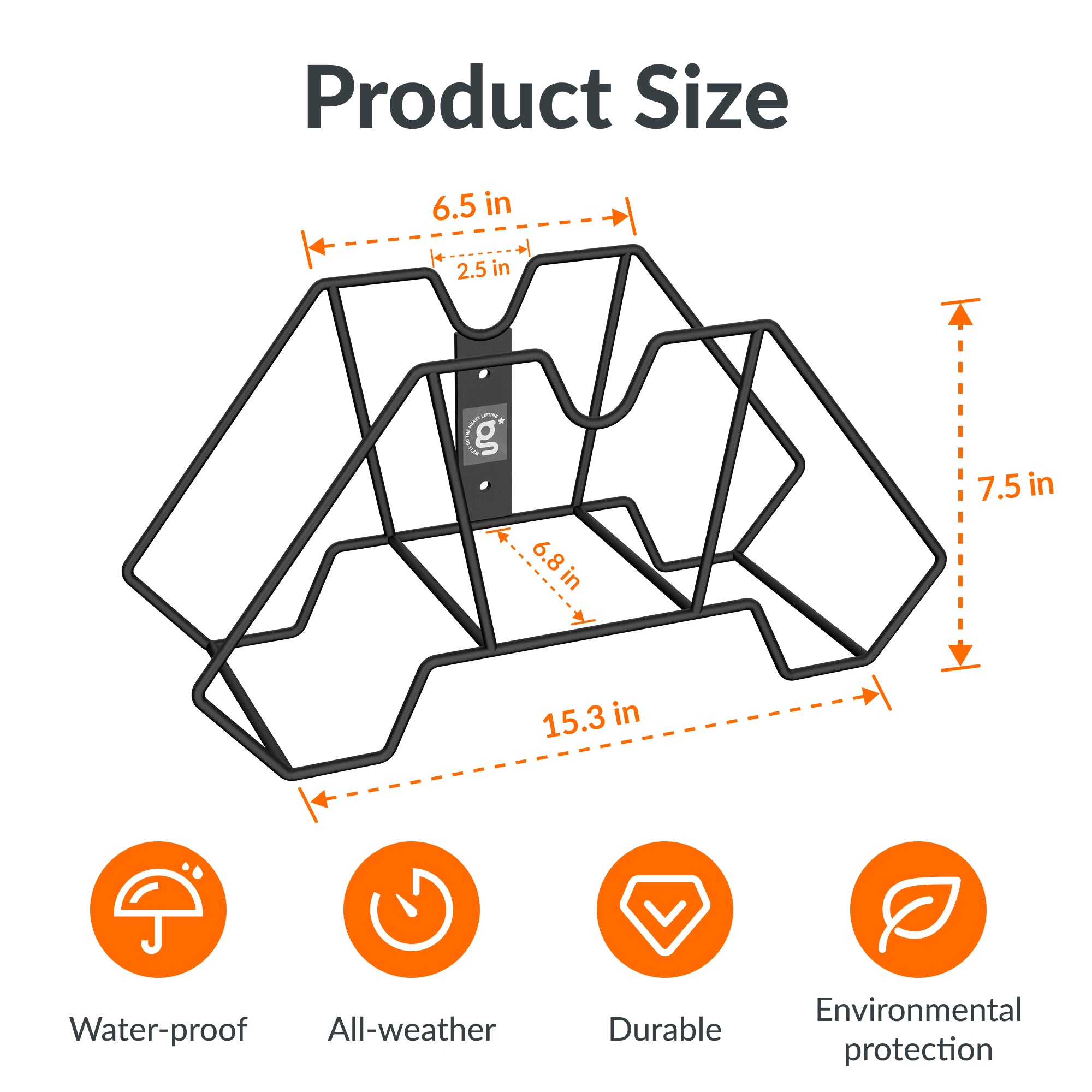 Giraffe Tools Garden Hose Holder Features product size details with waterproof, all-weather, durable, and eco-friendly design.