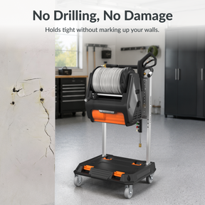 Giraffe Tools Heavy Duty Rolling Utility Cart Features: a no-drill mounting solution for retractable tools without damaging garage walls.