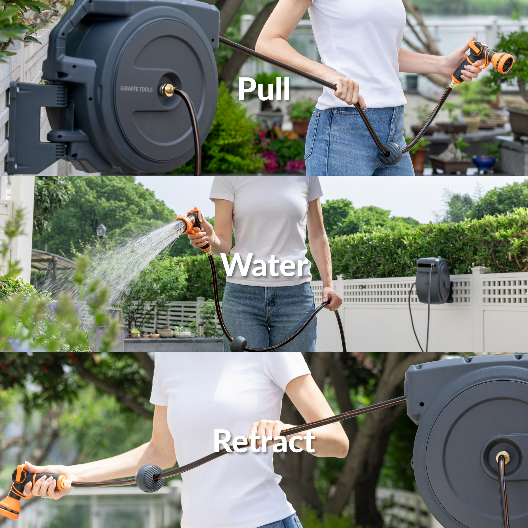 Giraffe Tools Retractable Garden Hose Reel-1/2in-130ft Features pull, water, and retract steps for easier yard watering.