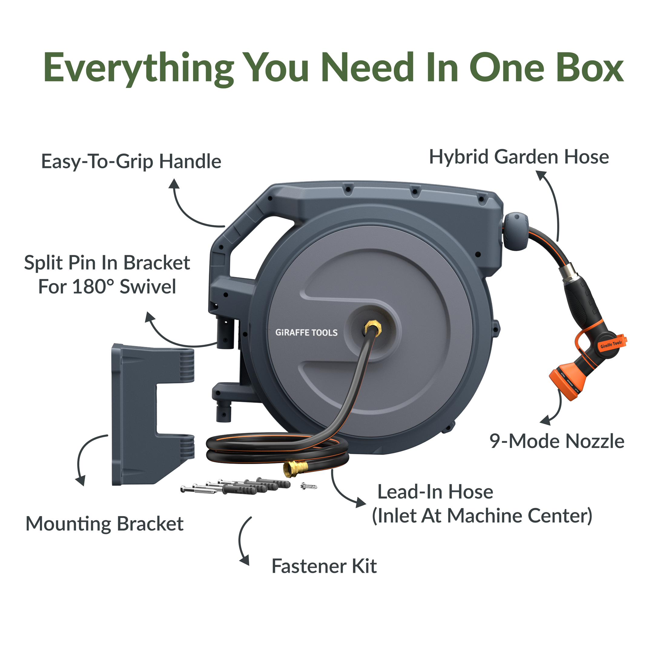 Giraffe Tools Retractable Garden Hose Reel-5/8in-90ft Features hose reel, 9-mode nozzle, bracket, lead-in hose, and fastener kit.