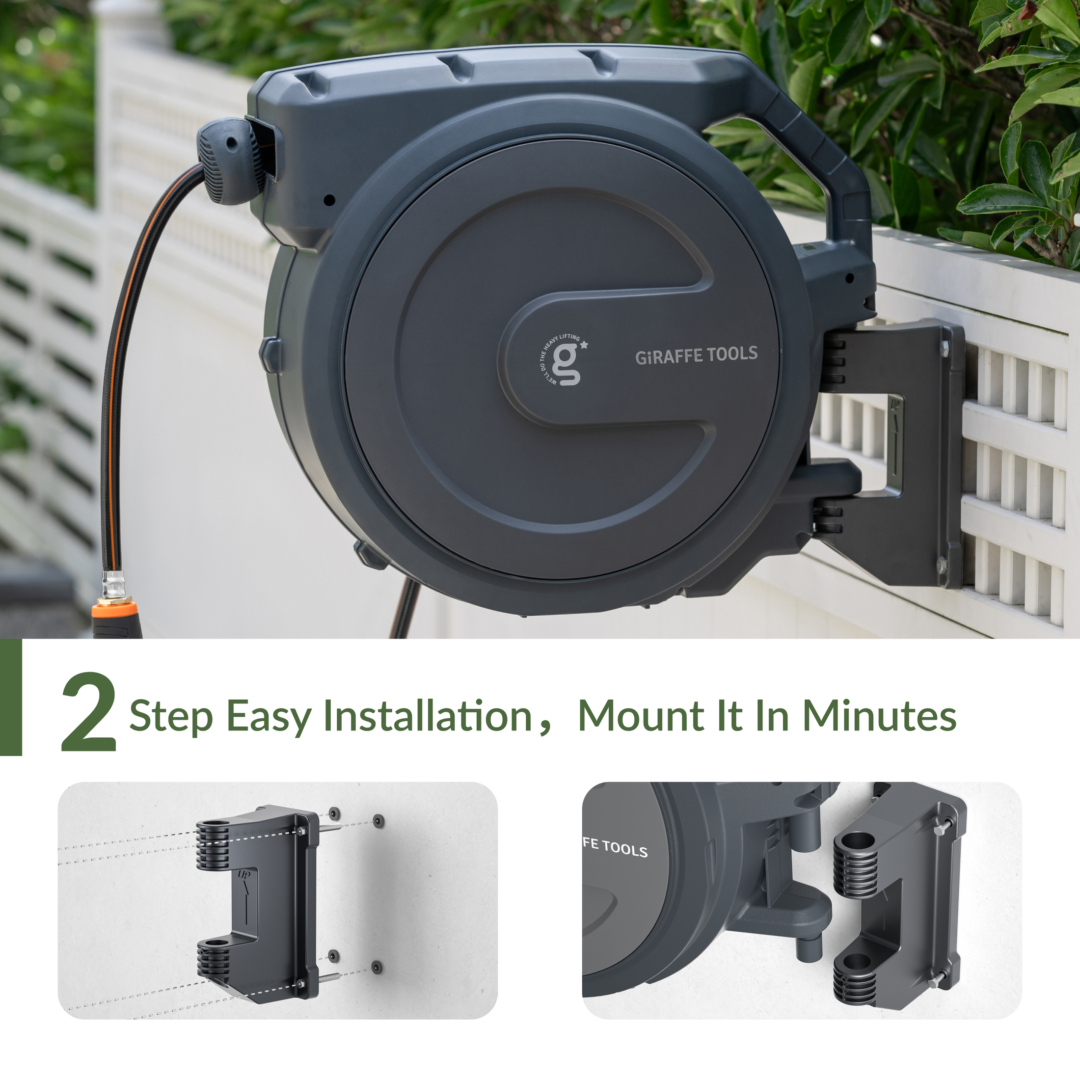 Giraffe Tools Retractable Garden Hose Reel-5/8in-90ft Features 2-step easy installation with a wall-mounted bracket.