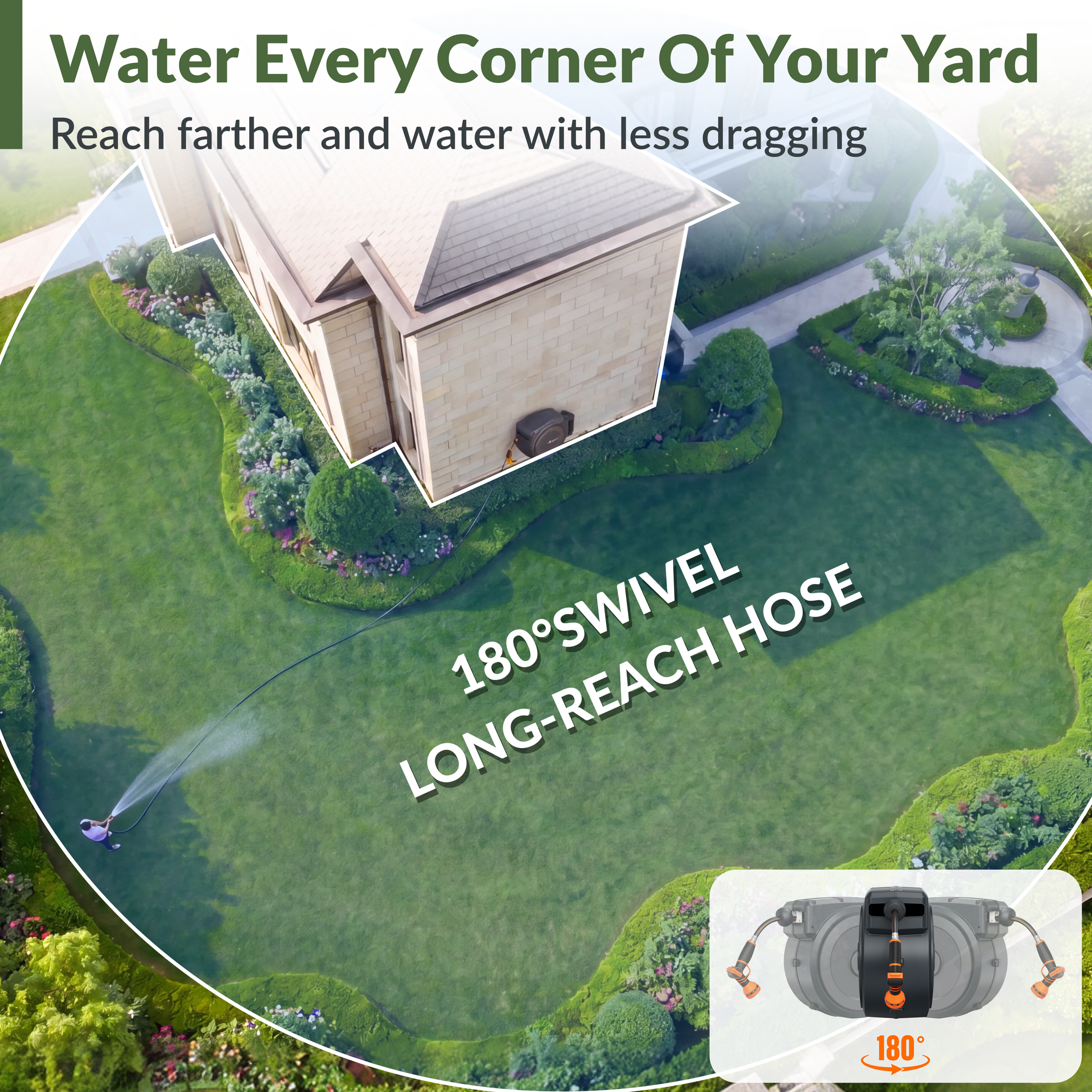 Giraffe Tools Retractable Garden Hose Reel-5/8in-90ft Features 180° swivel and 100 ft hose reach for watering every corner.