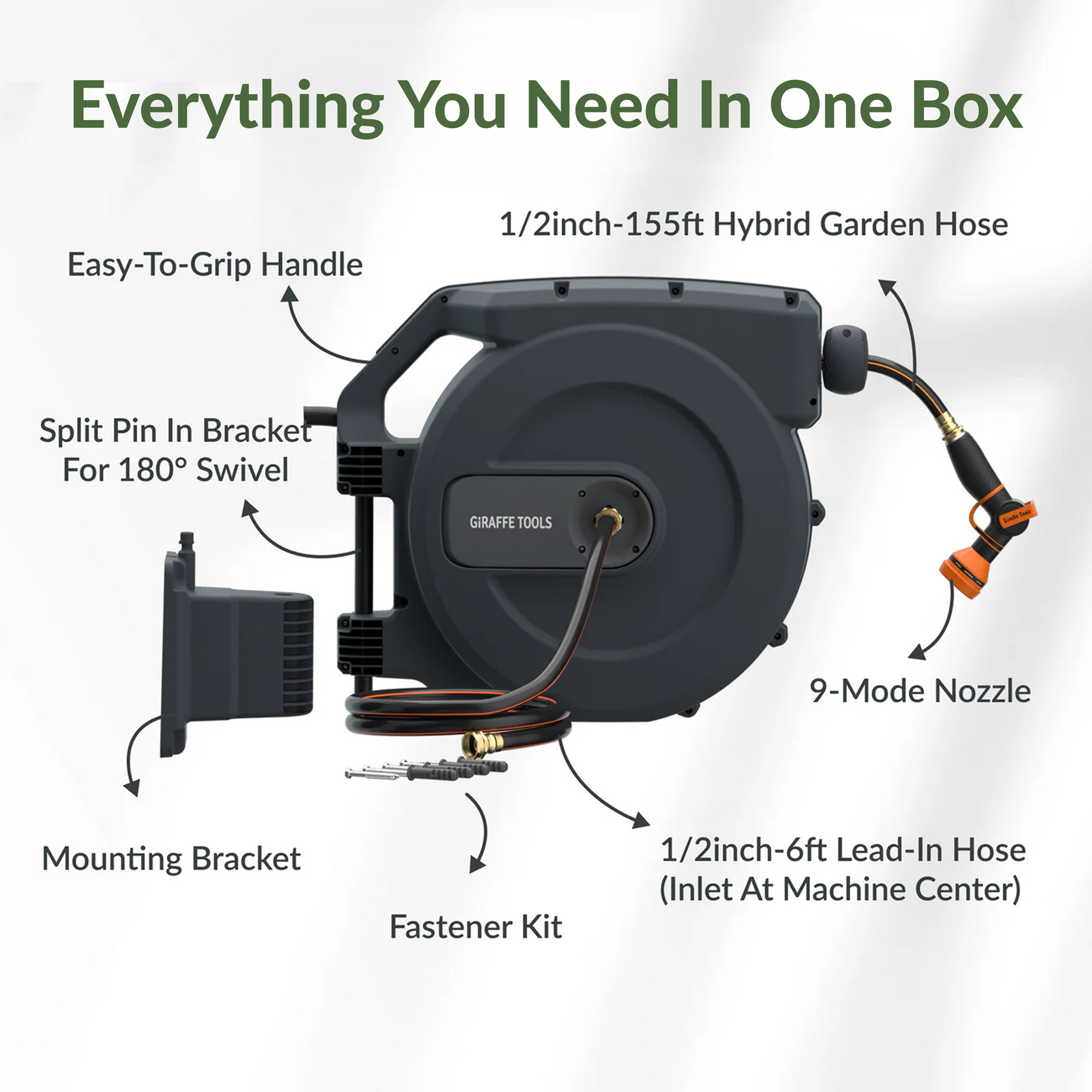 Giraffe Tools Retractable Garden Hose Reel-1/2in-155ft Features hose reel, 9-mode nozzle, bracket, lead-in hose, and fastener kit.