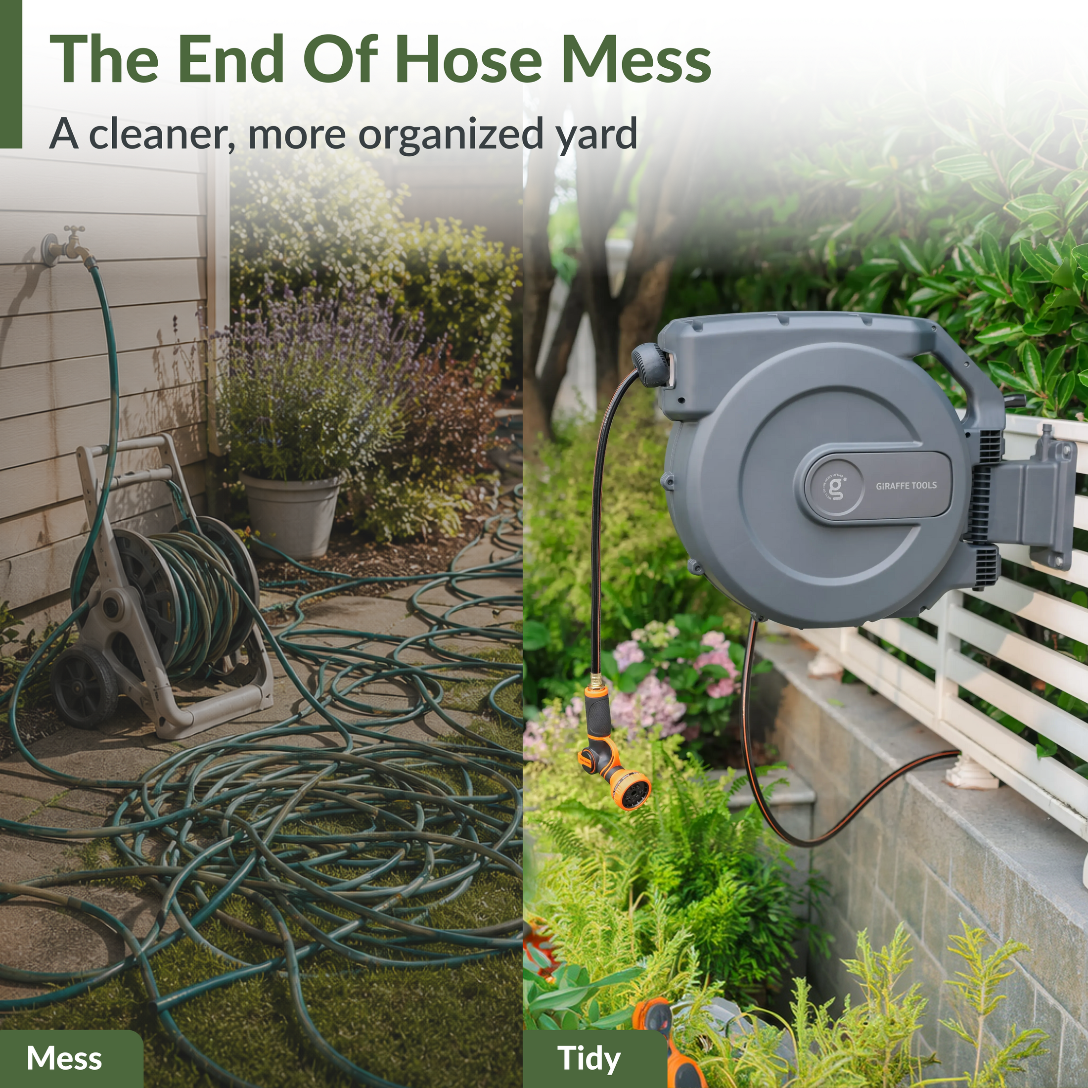 Giraffe Tools Retractable Garden Hose Reel-1/2in-155ft Features a messy-to-tidy yard comparison to reduce hose clutter.