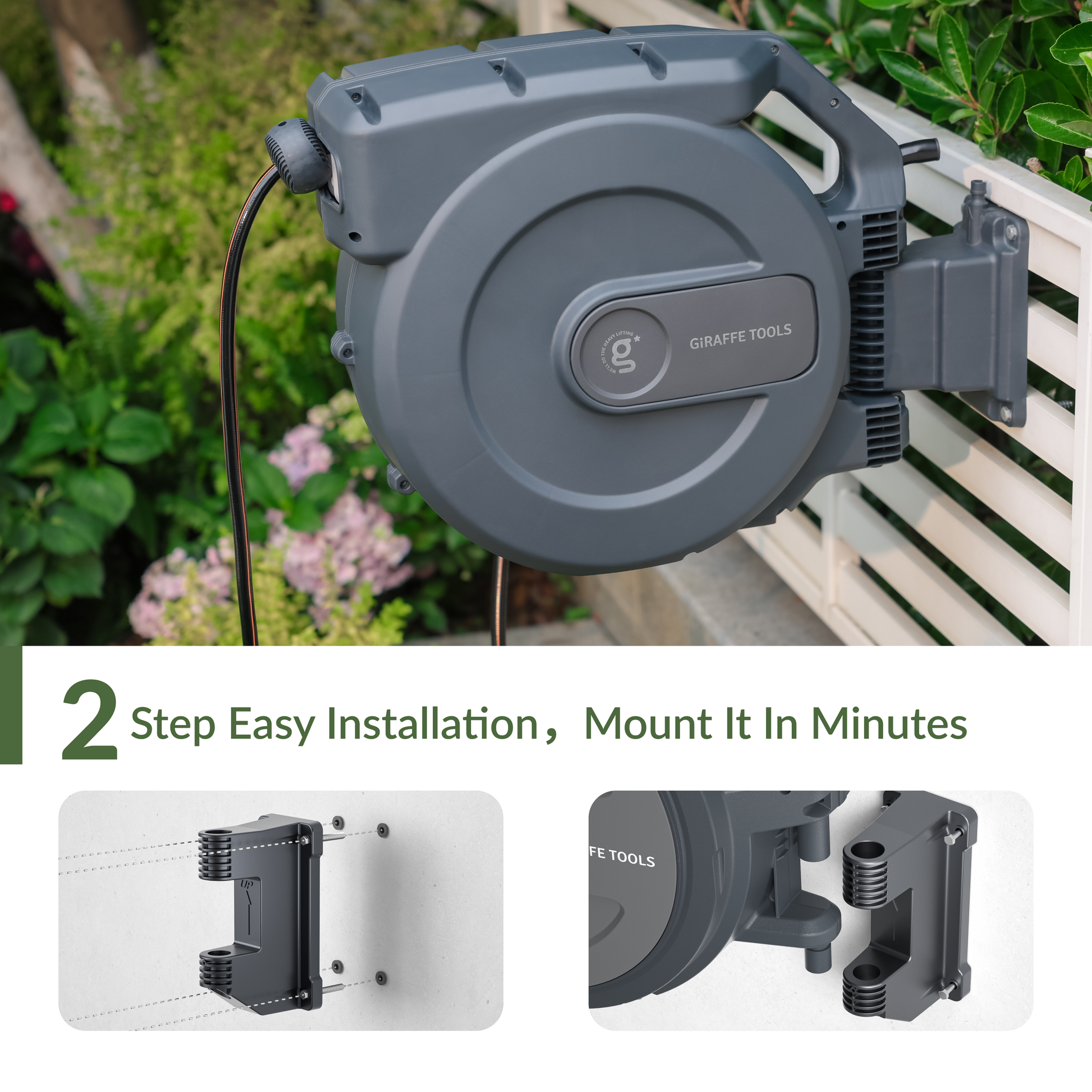 Giraffe Tools Retractable Garden Hose Reel-1/2in-155ft Features 2-step easy installation with a wall-mounted bracket.