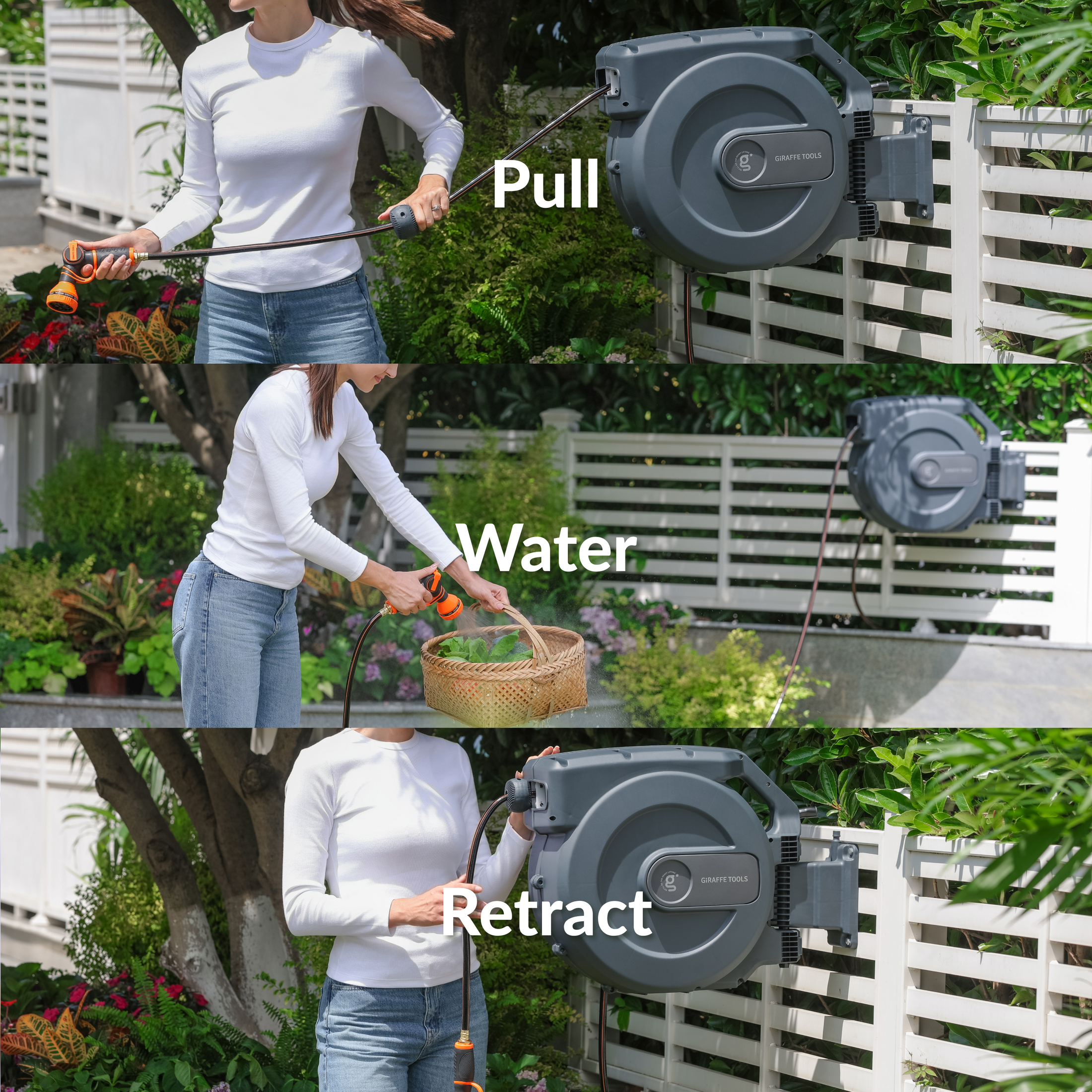 Giraffe Tools Retractable Garden Hose Reel-1/2in-155ft Features pull, water, and retract steps for easier yard watering.