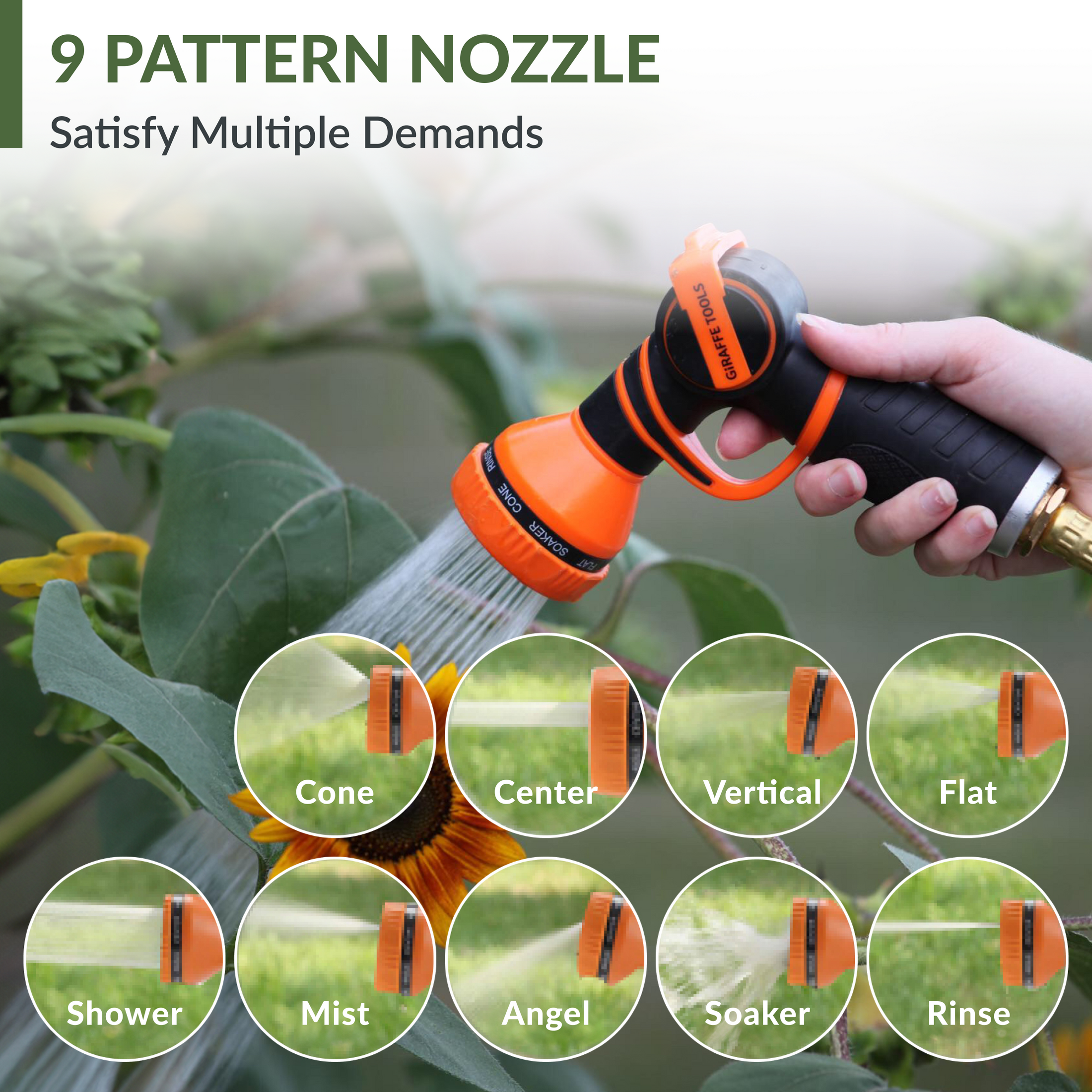 Giraffe Tools Retractable Garden Hose Reel-5/8 in-115ft Features a 9-pattern nozzle for multiple garden watering needs.