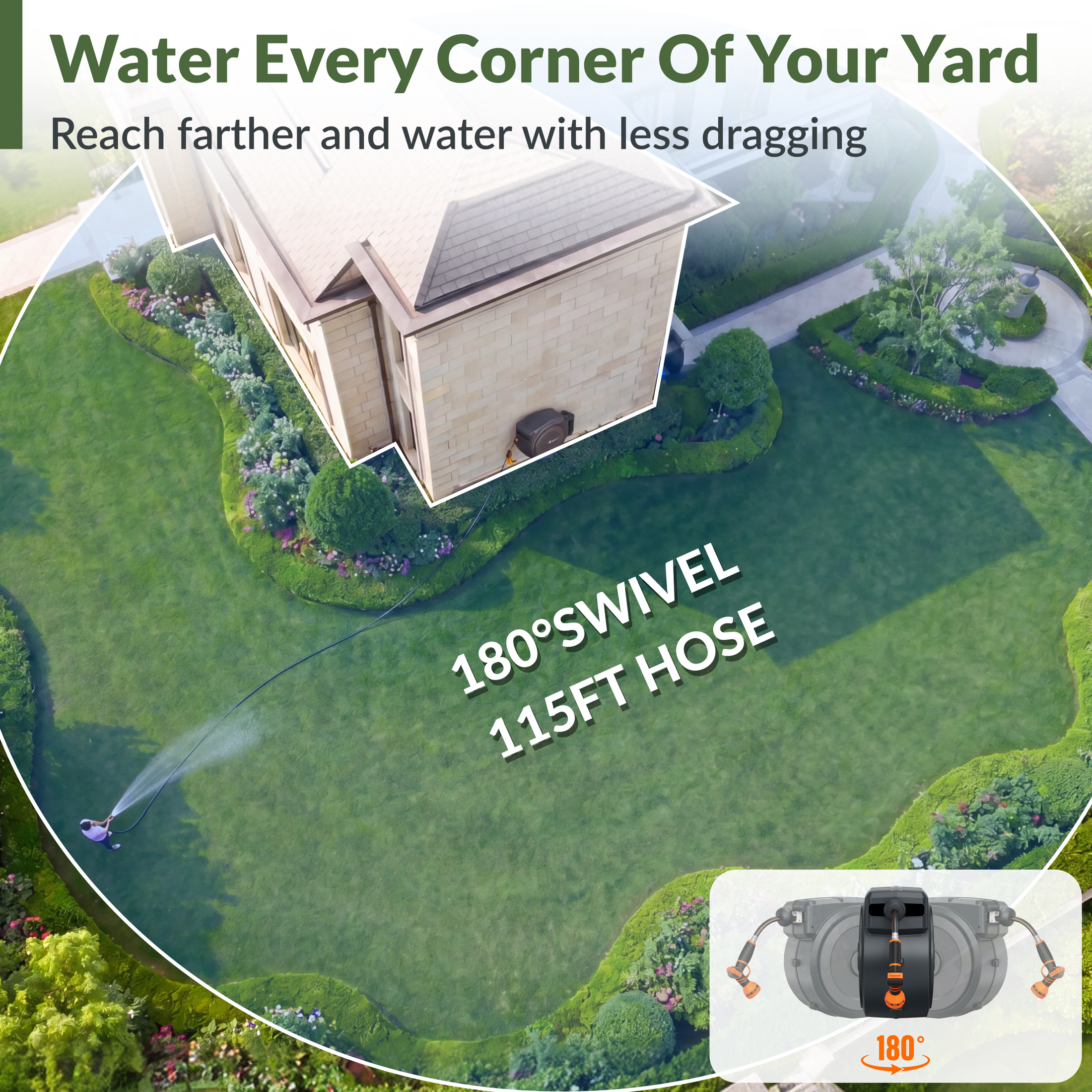Giraffe Tools Retractable Garden Hose Reel-5/8 in-115ft Features 180° swivel and 100 ft hose reach for watering every corner.