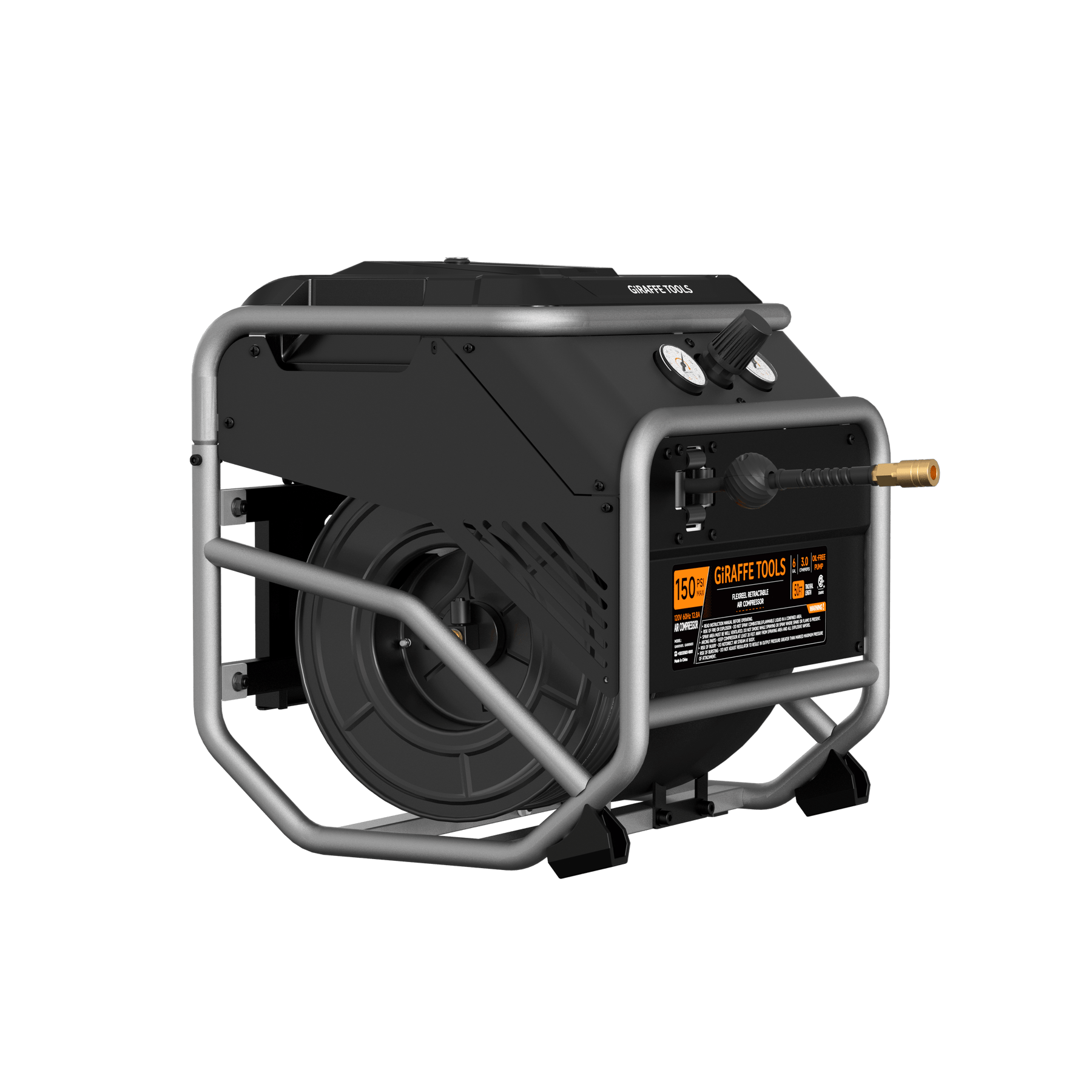 Side view of the Giraffe Tools FlexReel air compressor with integrated hose reel