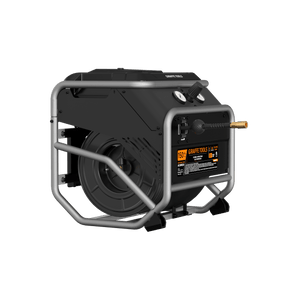 Side view of the Giraffe Tools FlexReel air compressor with integrated hose reel