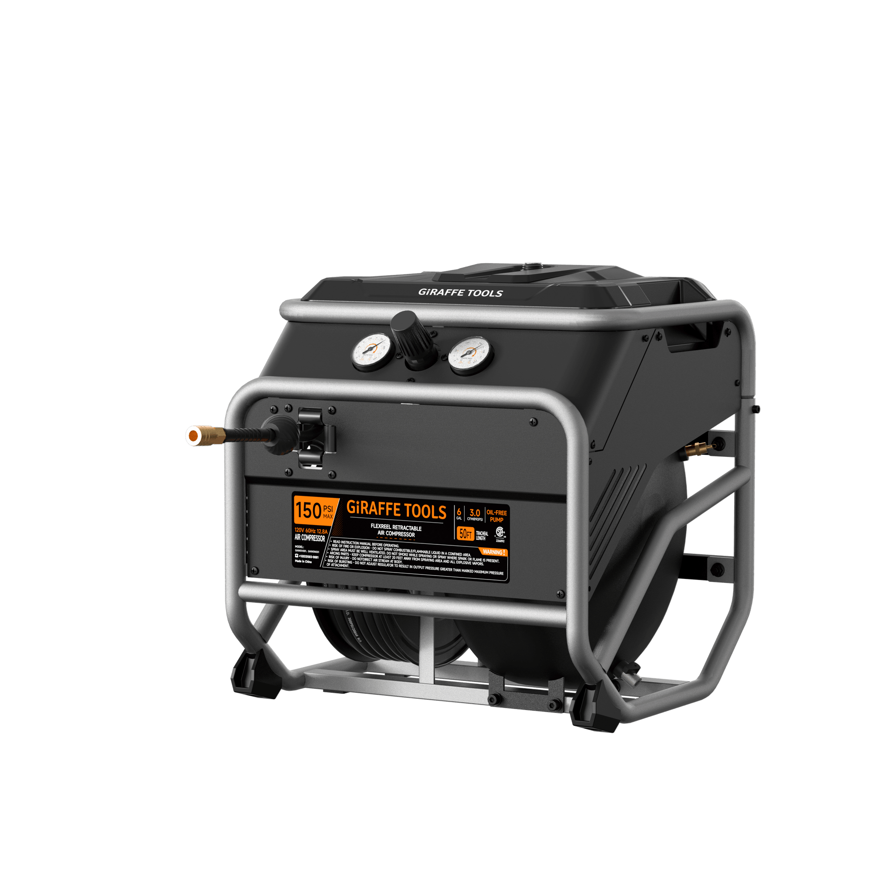 Giraffe Tools FlexReel retractable air compressor with integrated hose reel