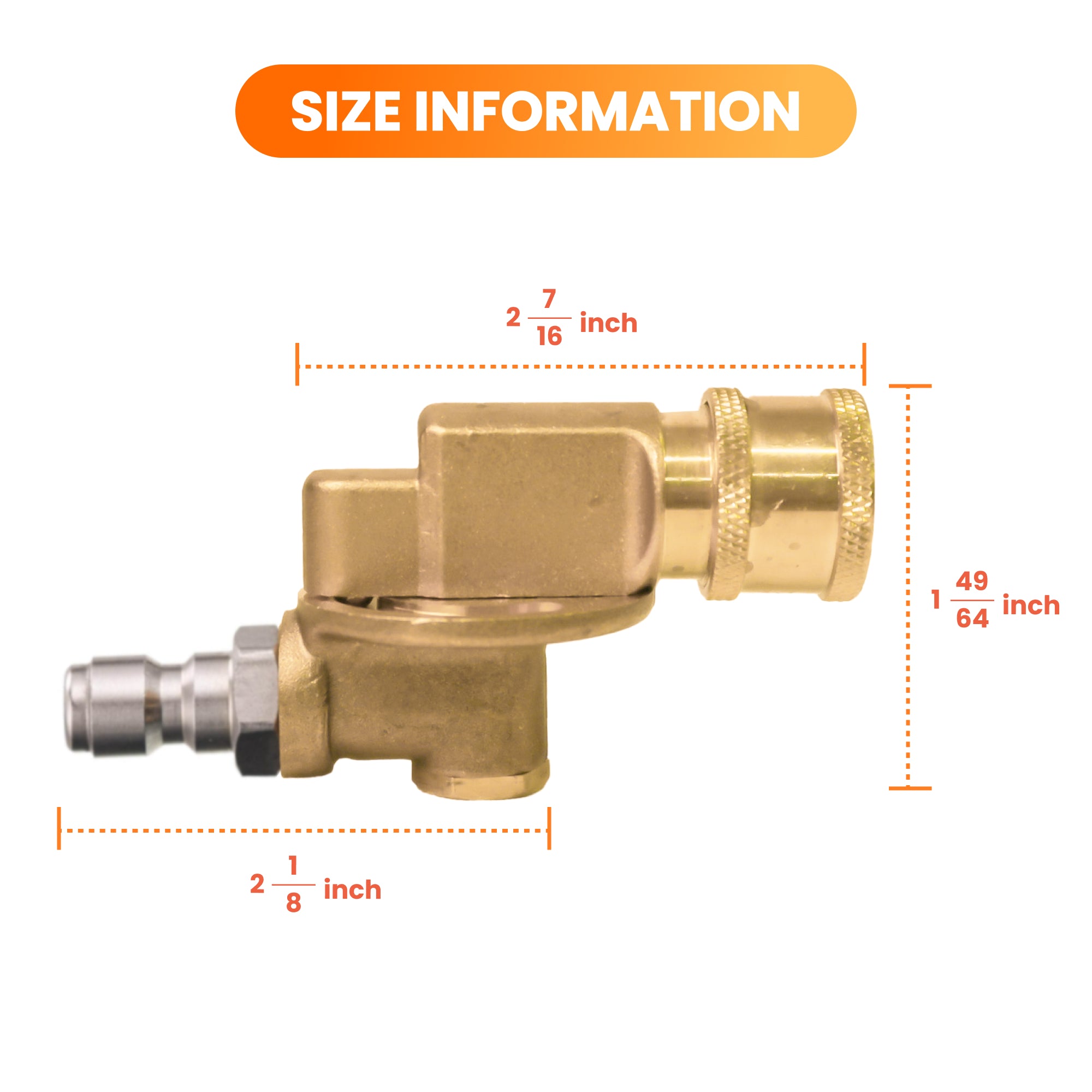 Giraffe Tools Pressure Washer Pivoting Coupler Features showing a compact design with detailed dimensions to help assess installation space