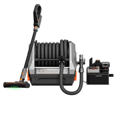 Giraffe Tools GrandFlux Retractable Vacuum Cleaner Features showing complete cleaning system