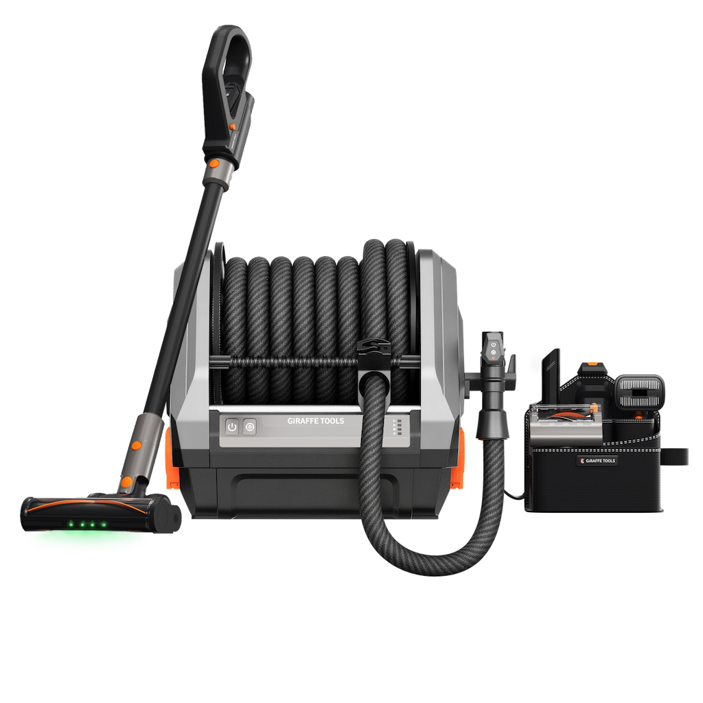 Giraffe Tools GrandFlux Retractable Vacuum Cleaner Features showing complete cleaning system
