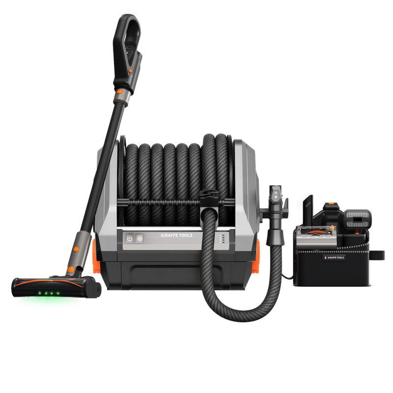 Giraffe Tools GrandFlux Retractable Vacuum Cleaner Features showing complete cleaning system