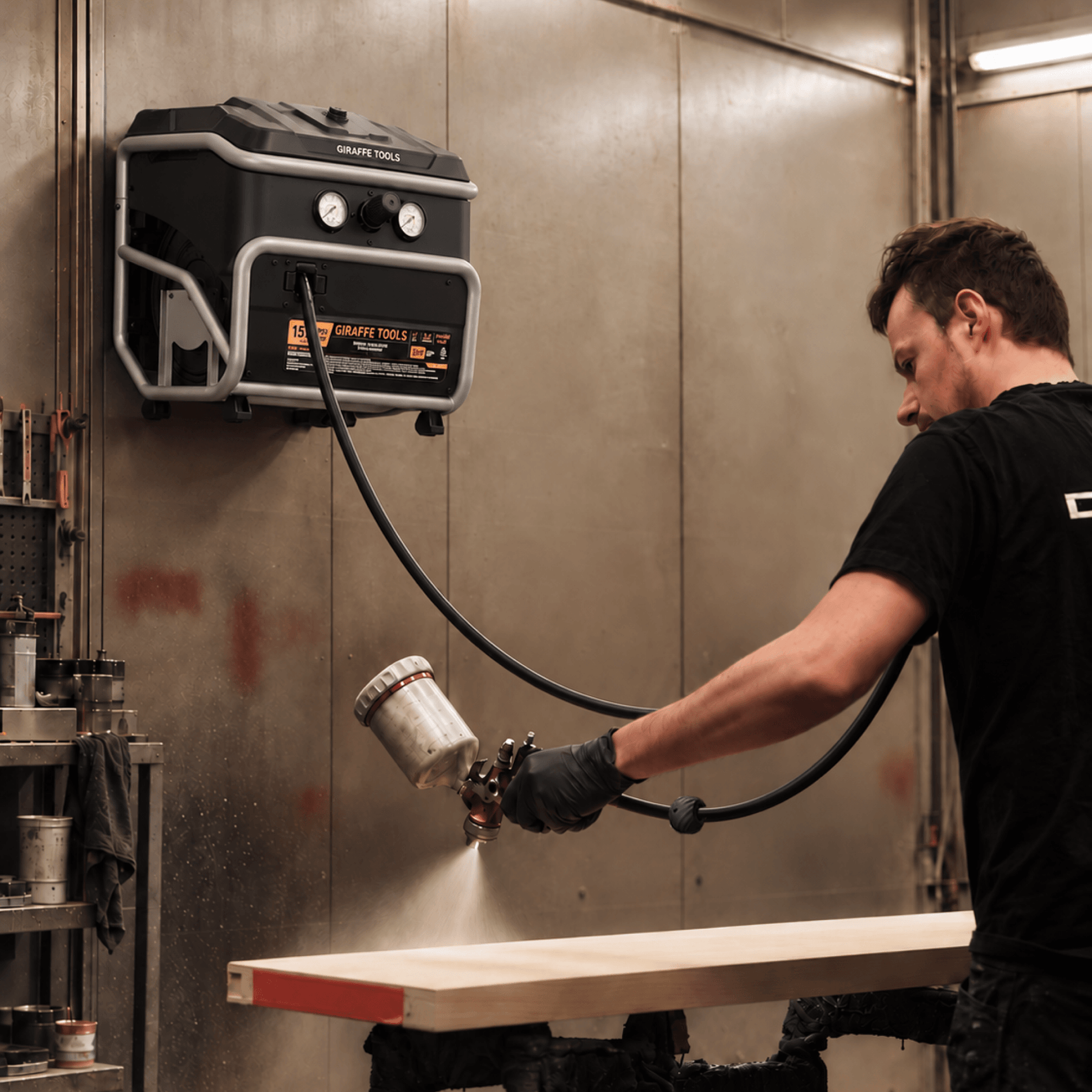 Giraffe Tools FlexReel air compressor powering a paint spray gun