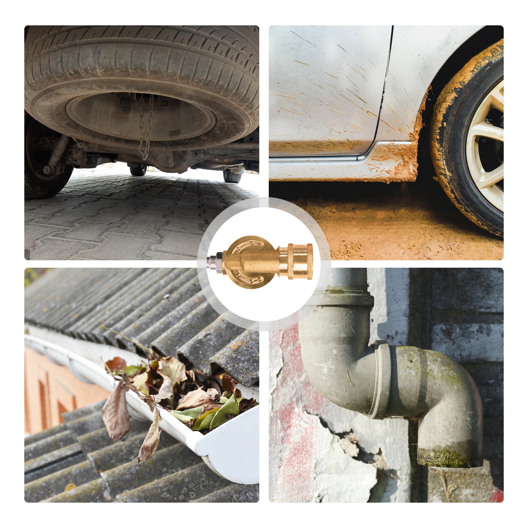 Giraffe Tools Pressure Washer Pivoting Coupler Features showing cleaning applications for vehicle undercarriages, wheel rims, gutters and areas around pipes for easier access to hard-to-reach spots