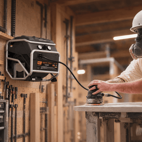 Giraffe Tools FlexReel air compressor powering an air sander