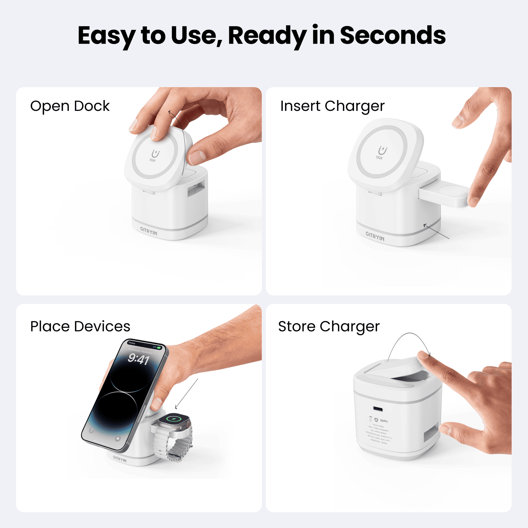 Gitryin Magnetic 3-in-1 Wireless Charging Station for 3C Devices