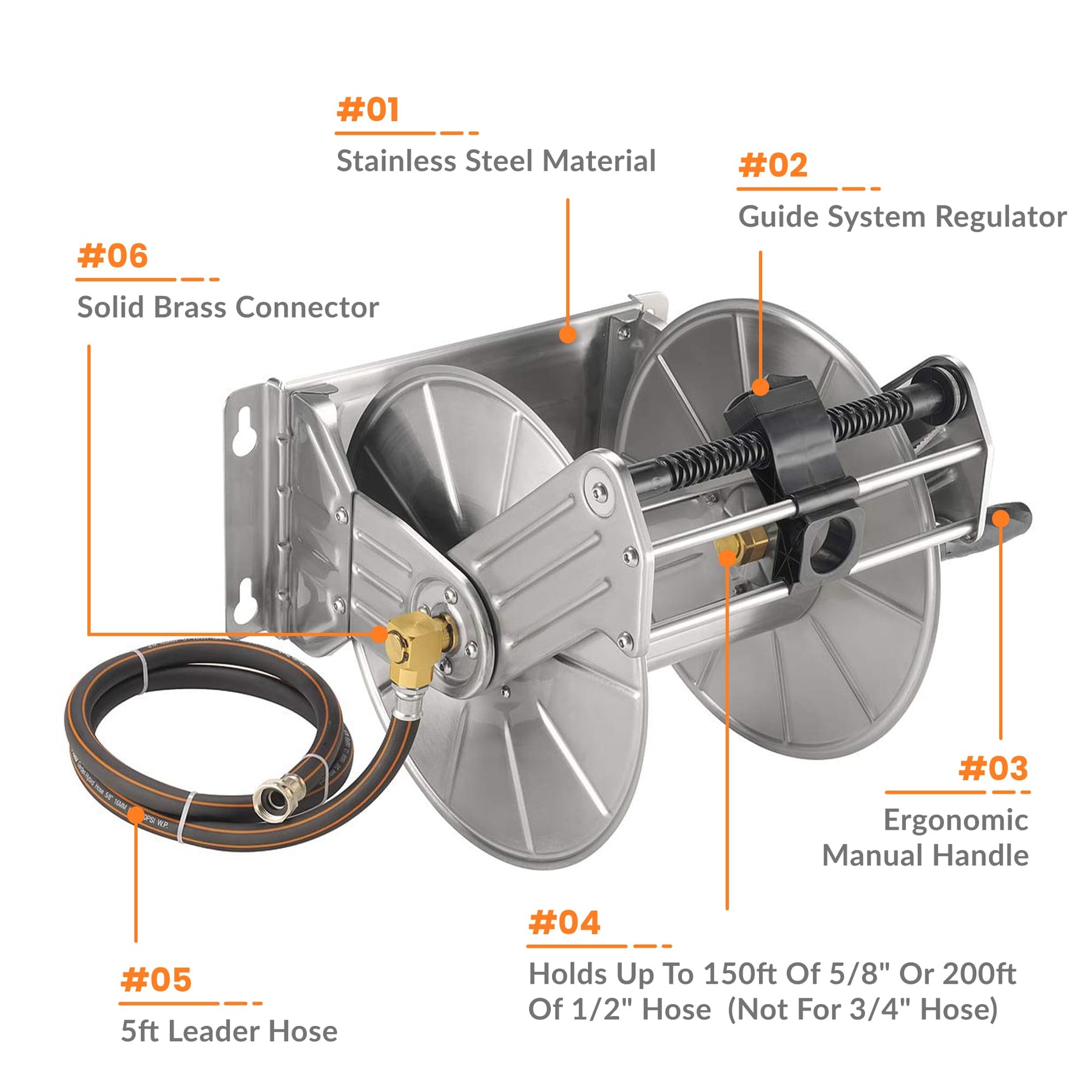 Hose Reel Wall Mount, Commercial-Grade with 200ft Capacity