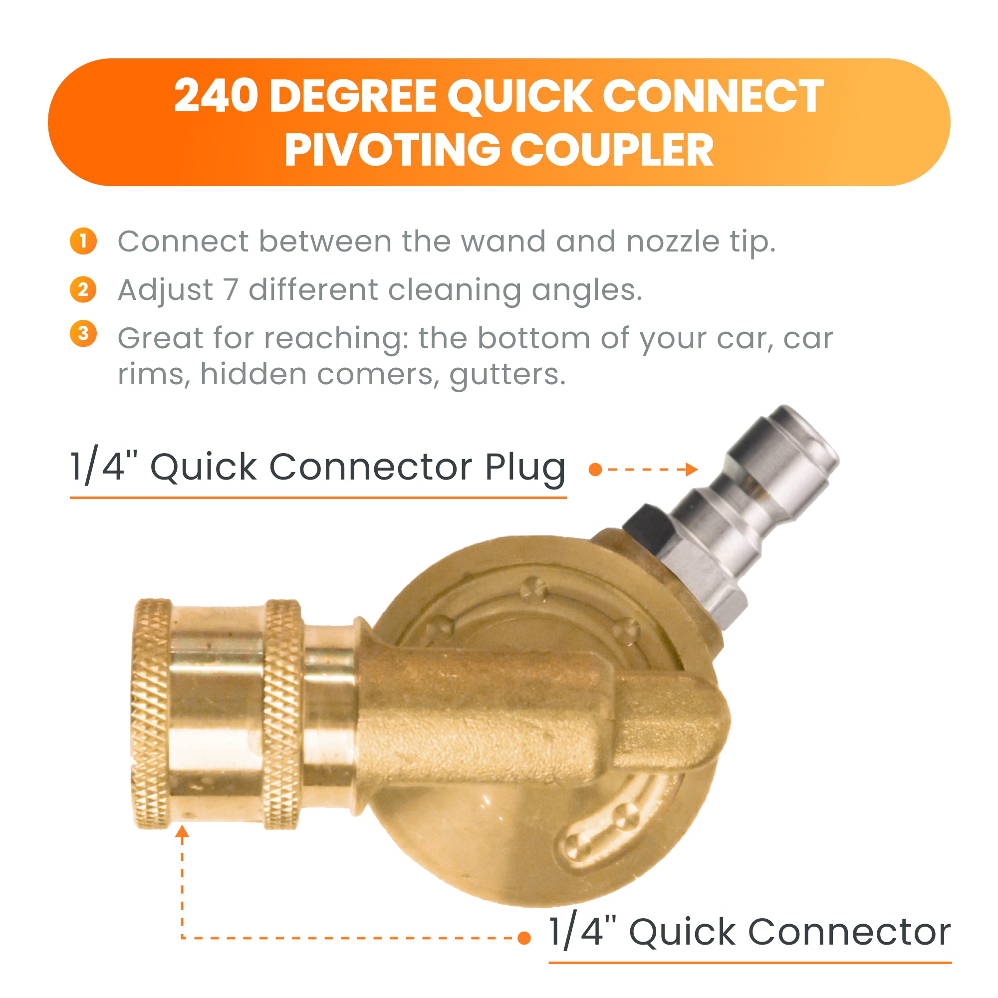 Giraffe Tools Pressure Washer Pivoting Coupler Features showing 1/4-inch quick-connect fittings for easy connection between the wand and nozzle to clean hard-to-reach areas