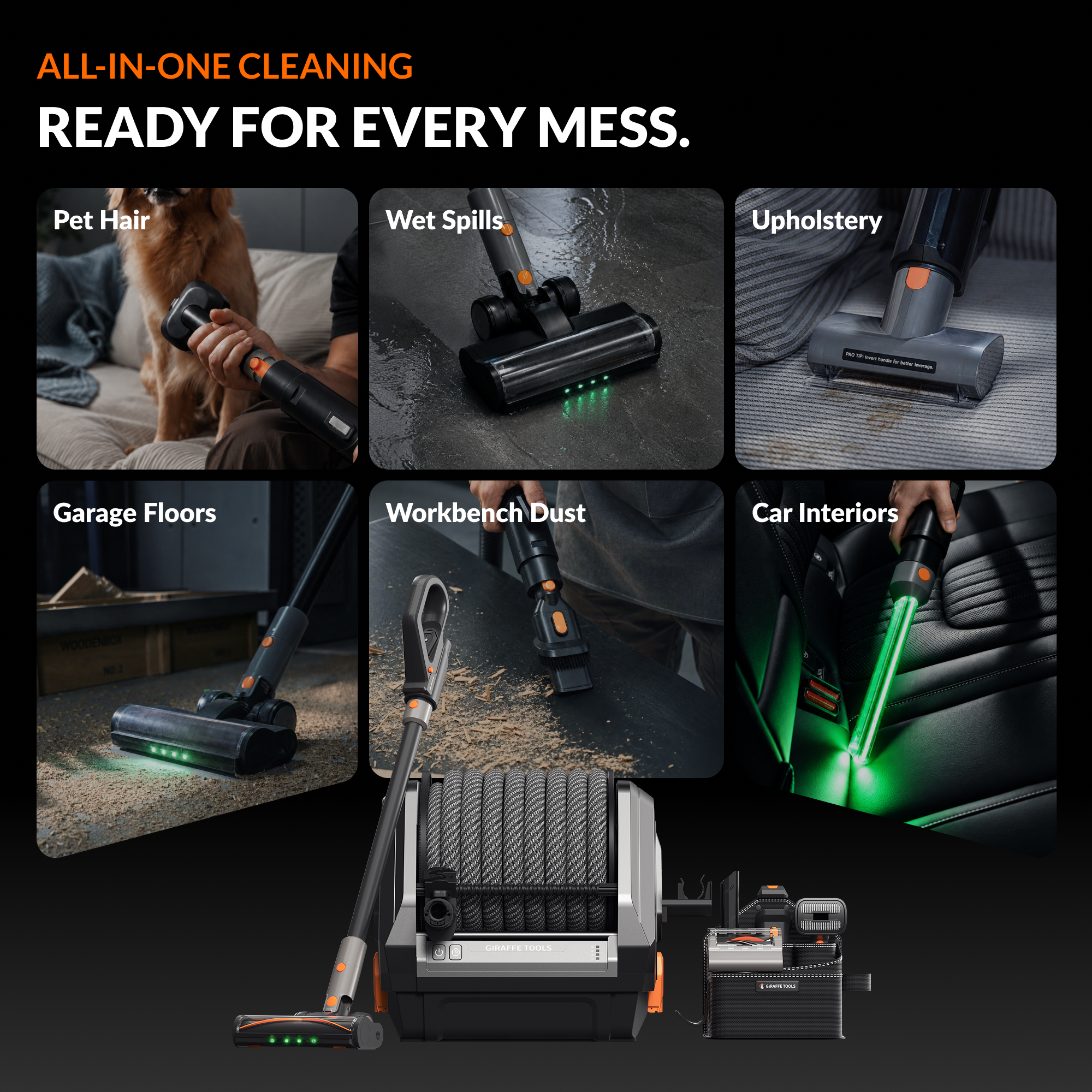 Giraffe Tools GrandFlux Retractable Vacuum Cleaner Features showing all-in-one cleaning
