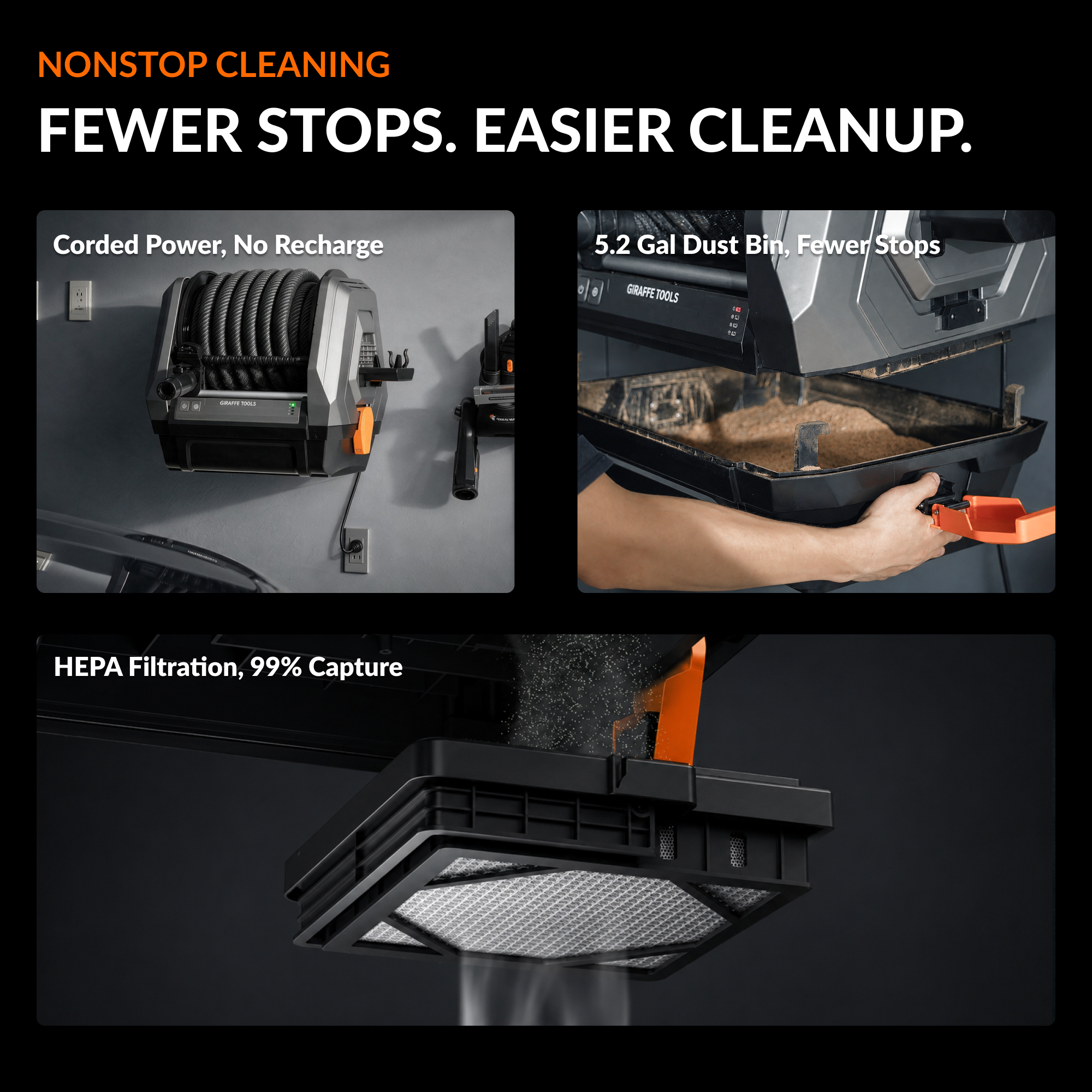 Giraffe Tools GrandFlux Retractable Vacuum Cleaner Features showing HEPA filtration system