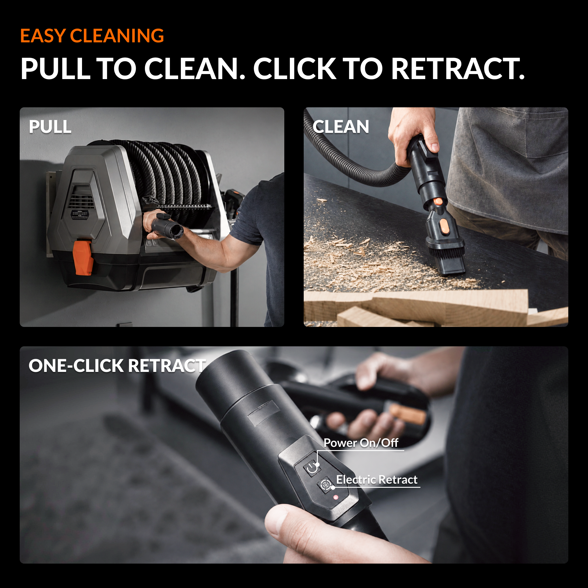 Giraffe Tools GrandFlux Retractable Vacuum Cleaner Features showing one-click retract system