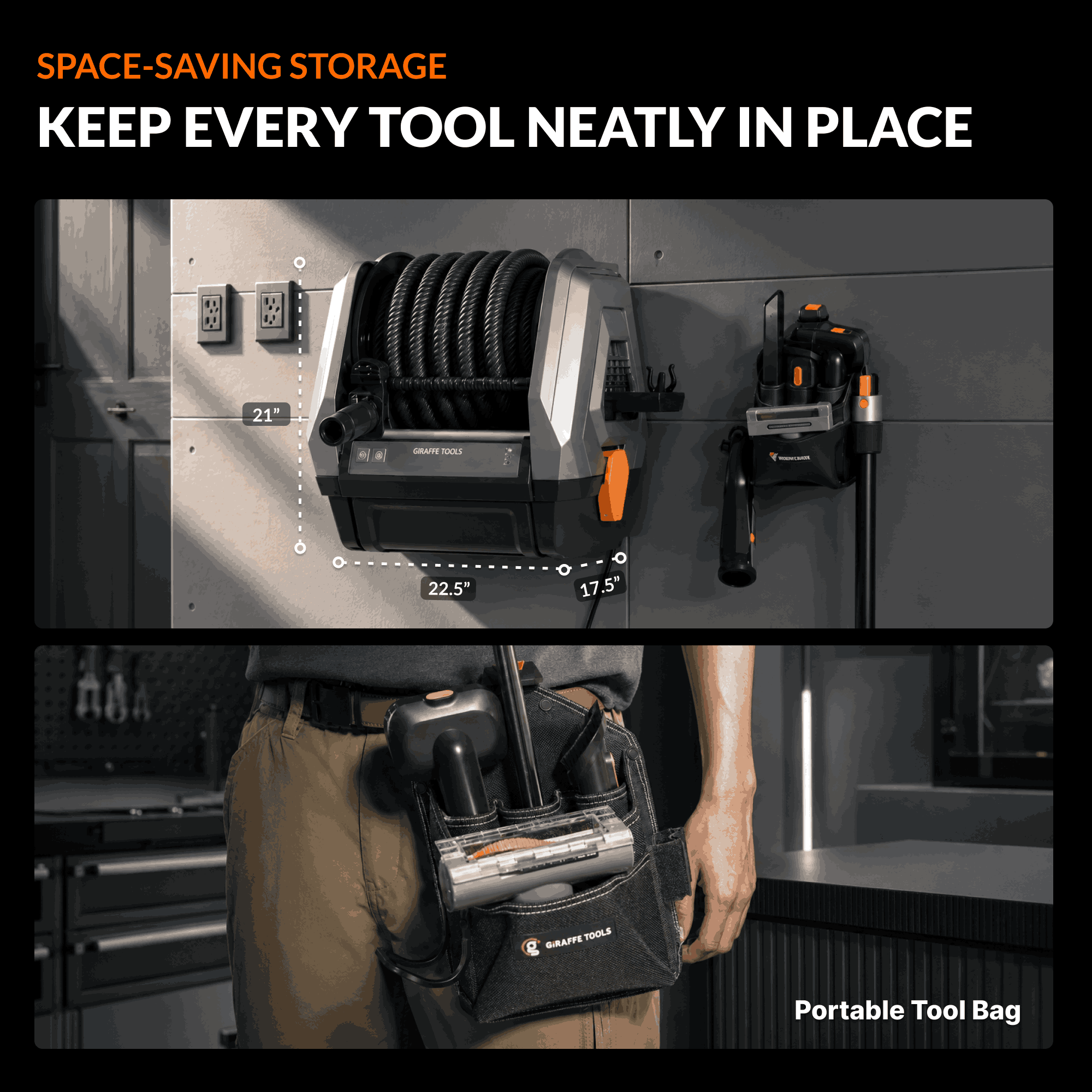 Giraffe Tools GrandFlux Retractable Vacuum Cleaner Features showing space-saving storage