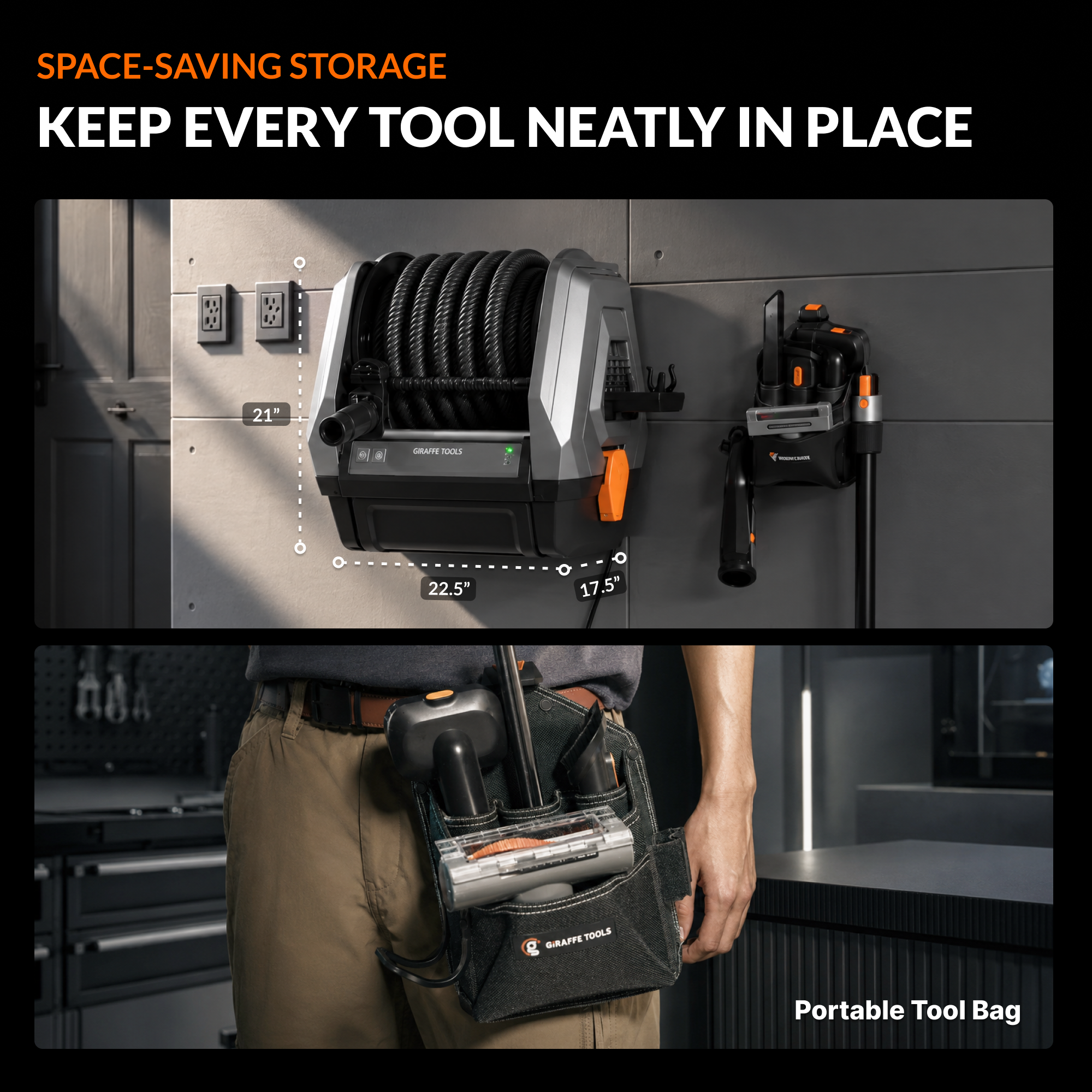 Giraffe Tools GrandFlux Retractable Vacuum Cleaner Features showing space-saving storage