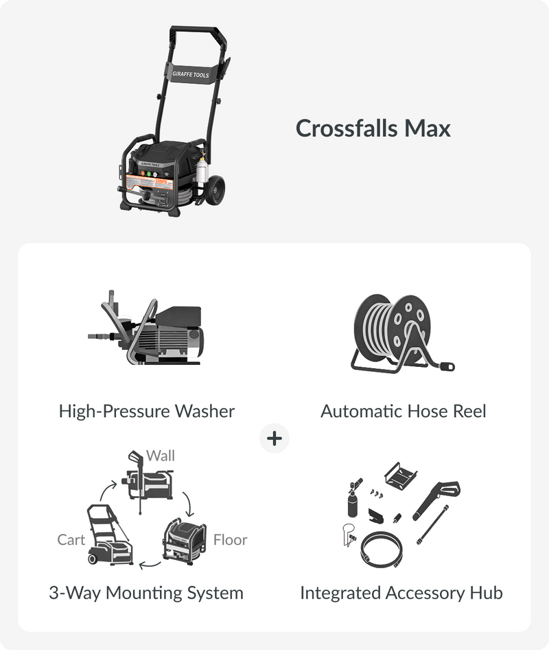 Crossfalls Max pressure washer system with auto-retract hose and integrated accessory storage