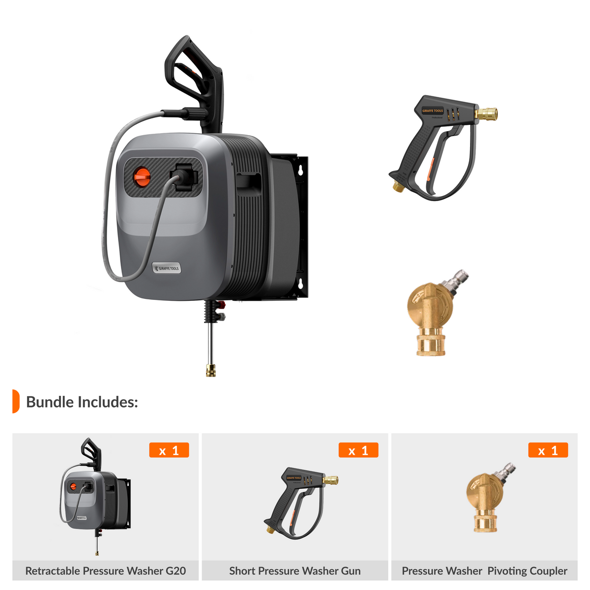 Giraffe Tools Dream Garage — Detailing Starter Set Features showing pressure washer with detailing accessories on a white background
