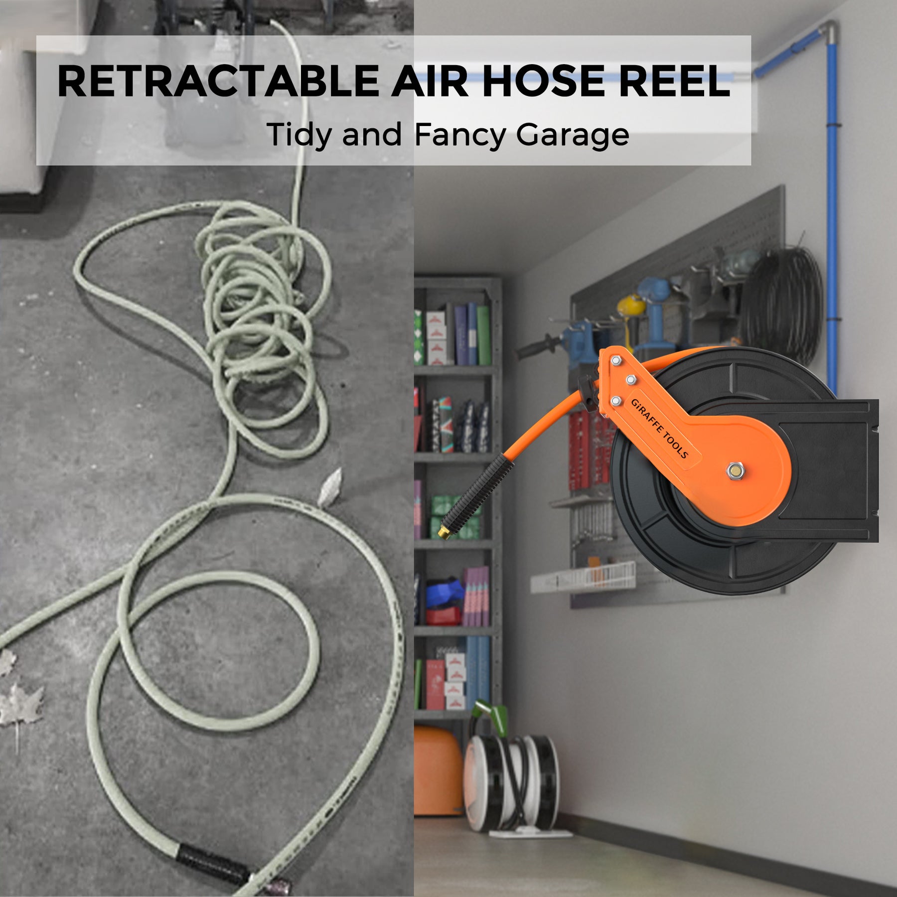 Giraffe Tools Retractable Air Line Reel 15m+1m, Wall Mounted Air Hose Reel  3/8 Hybrid Hose, Pneumatic Heavy Duty Steel Reel with 1/4 Quick Coupler :  : DIY & Tools